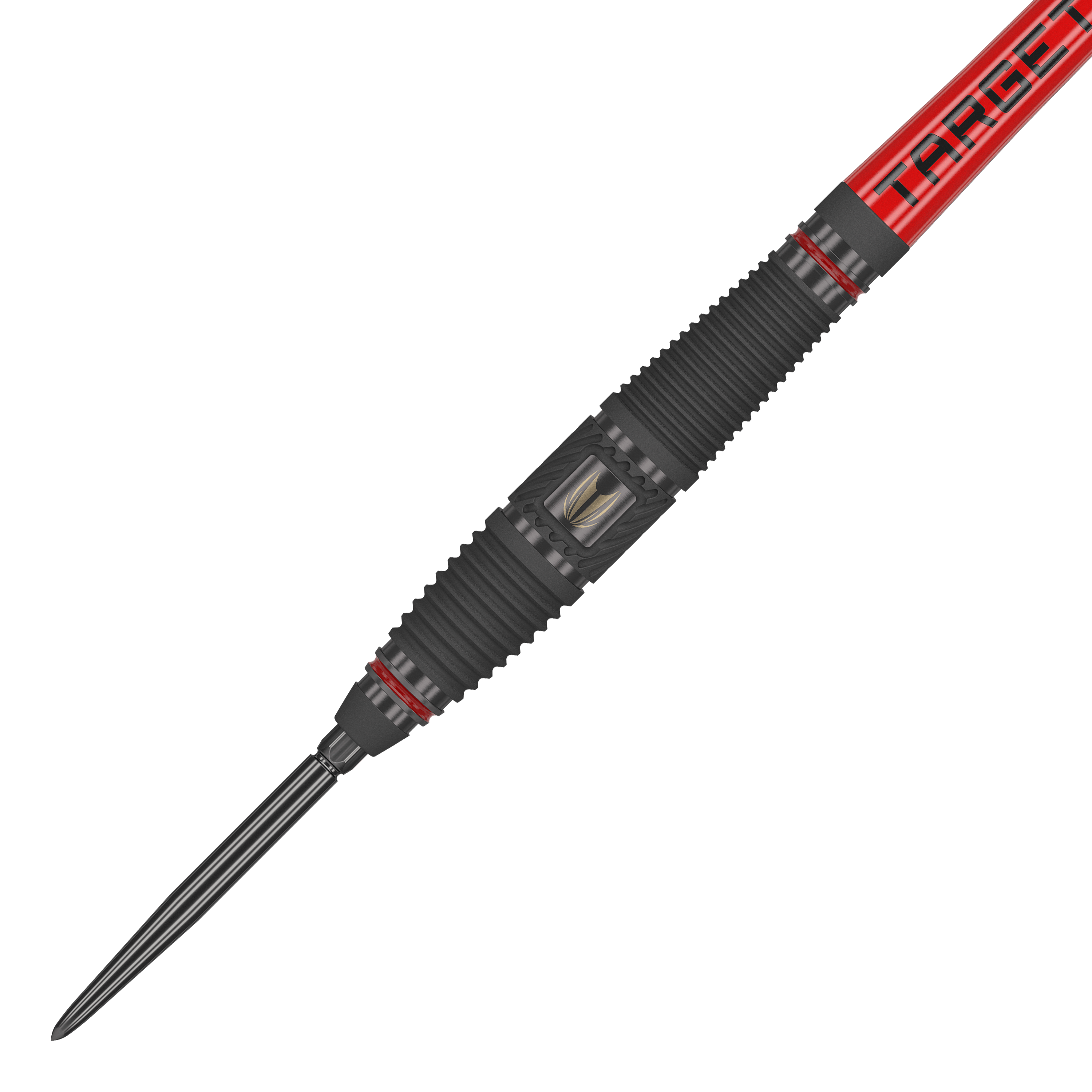 Ocelové šipky Target Scope 03 Swiss Point Das Bild zeigt ein Target Scope 03 Swiss Point Steeldart mit schwarzem und rotem Design. Die Oberfläche des Darts ist geriffelt und hat Metallakzente für besseren Halt.