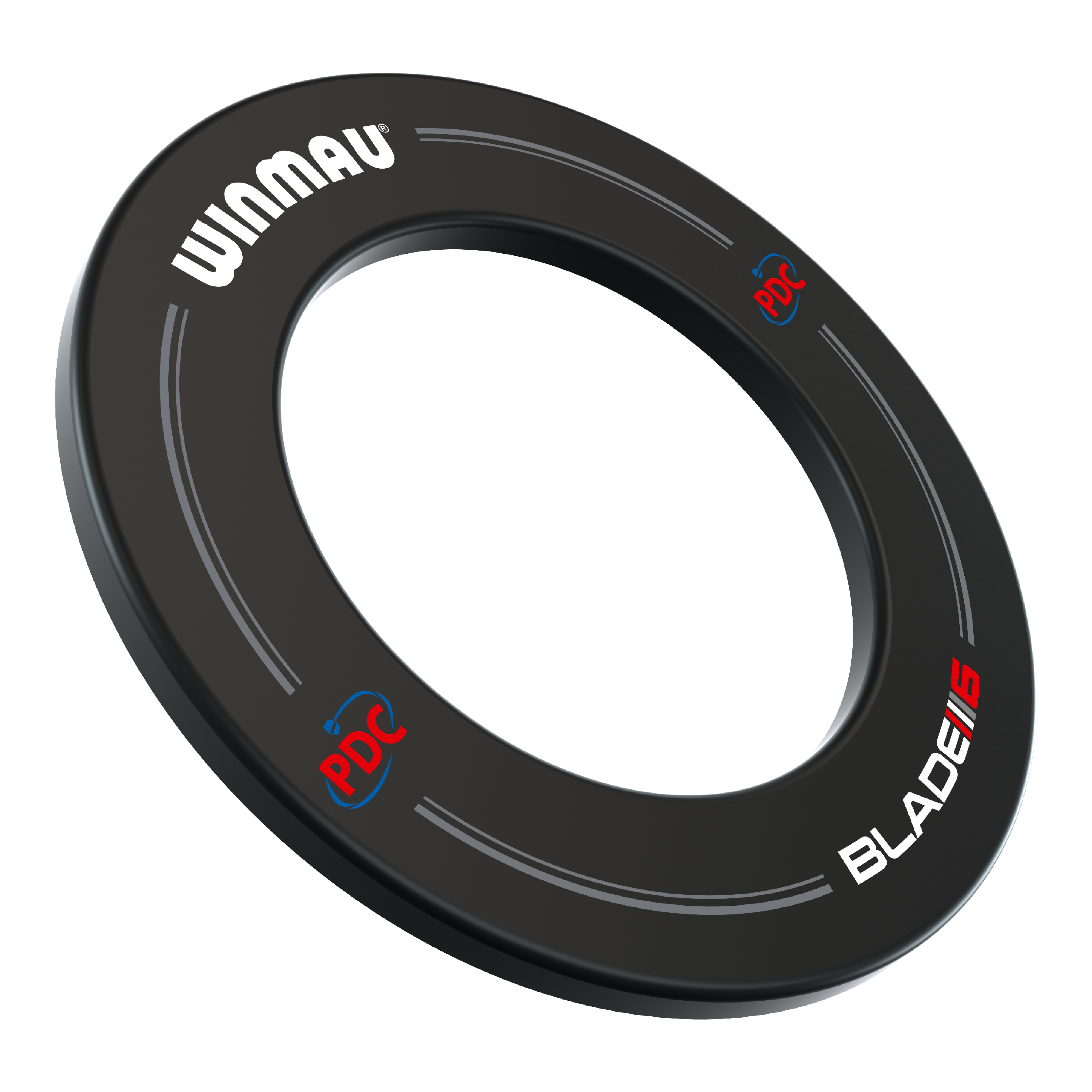 Winmau PDC Dartboard Surround – černá Das Bild zeigt einen schwarzen Winmau PDC Dartboard Surround. Auf dem Surround sind die Logos "WINMAU", "PDC" und "BLADE 6" aufgedruckt.