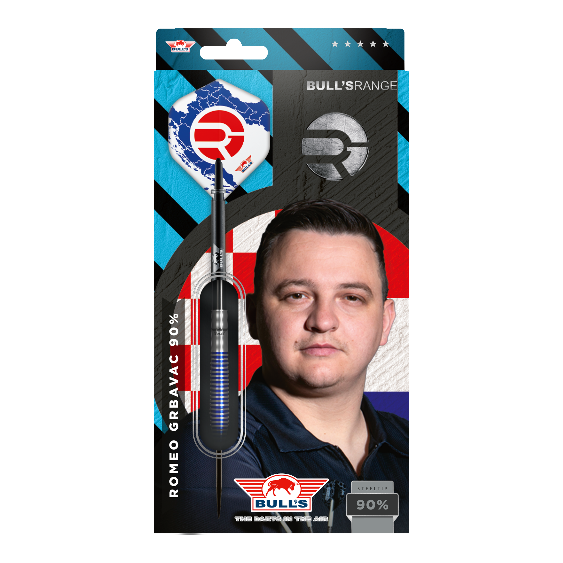 Ocelové šipky Bulls NL Romeo Grbavac - 23g Das Bild zeigt die Verpackung der "Bulls NL Romeo Grbavac Steeldarts - 23g". Auf der Verpackung ist ein Dartpfeil sowie ein Porträt von Romeo Grbavac zu sehen.