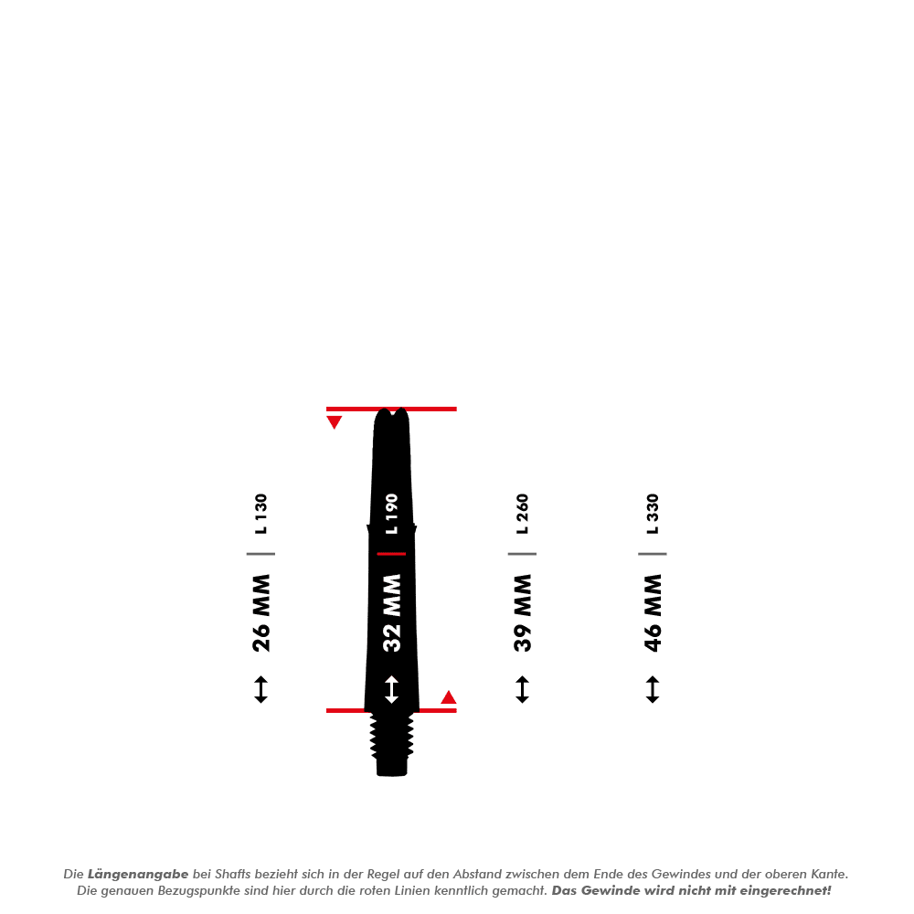 L-L-Style-Shafts Locked Straight - Clear Das Bild zeigt eine technische Zeichnung eines L-Style L-Shaft Locked Straight mit einer Länge von 32 mm. Es sind ebenfalls die Maße für die Längen 26 mm, 39 mm und 46 mm dargestellt.