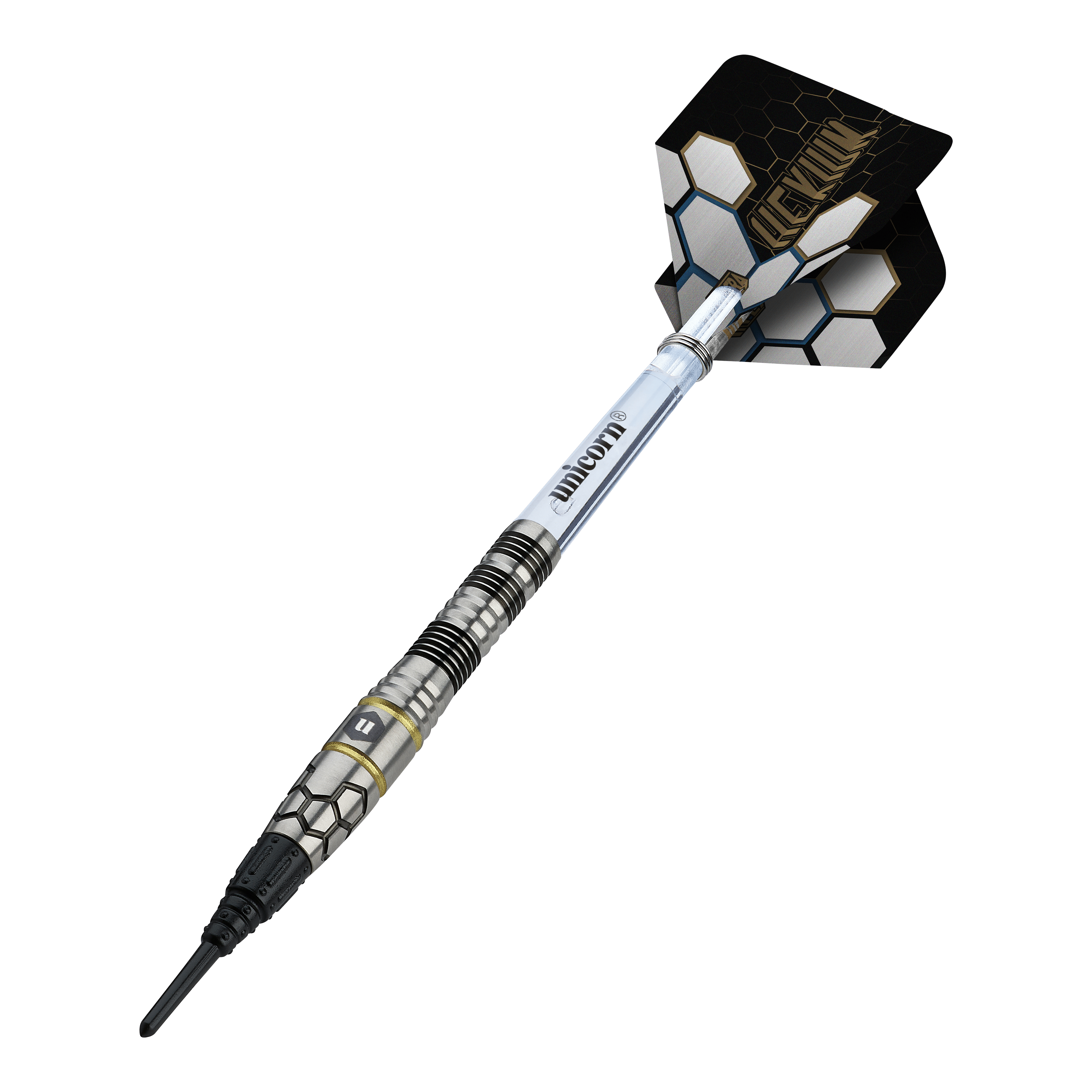 Měkké šipky Unicorn Hexium Style 01, černo-zlaté - 22g Unicorn Hexium Style 01 Black & Gold Softdarts - 22g ist ein hochwertiger Softdart mit stilvollem Design. Er bietet ausgezeichnete Griffigkeit und ist für anspruchsvolle Spieler geeignet.
