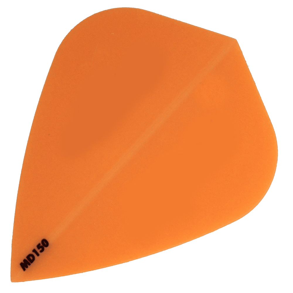 MD150-Kite-Orange Das Bild zeigt das Produkt "McDart MD150 - Kite Flight", eine orangene Dart-Flugfeder. In der unteren linken Ecke steht die Bezeichnung "MD150".
