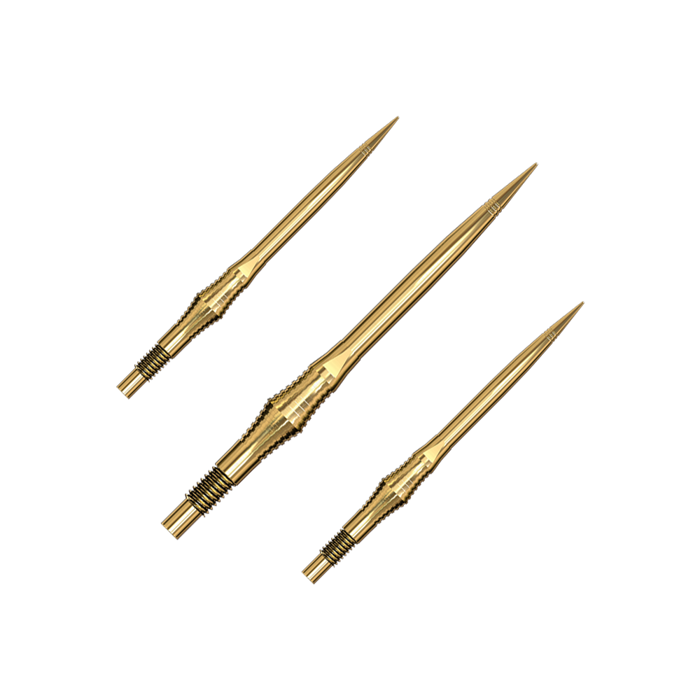 Goldene Dartspitzen sind im Set abgebildet. Die Spitzen leuchten metallisch.