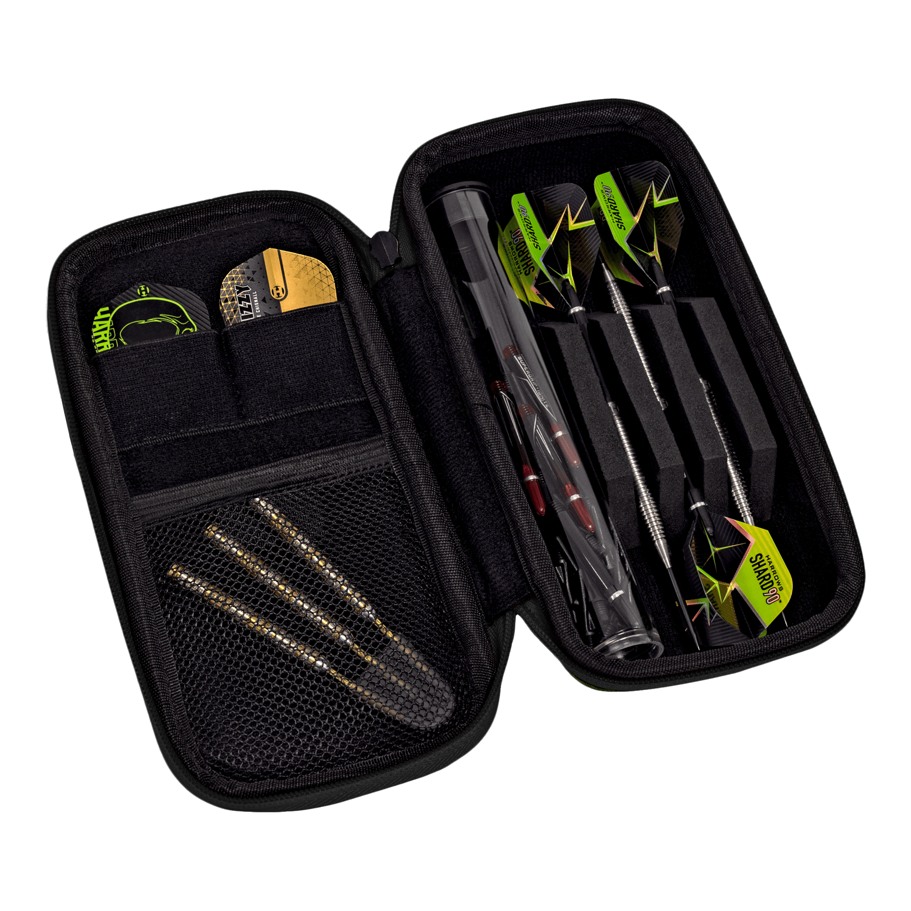 Harrows Smart Case Dartwallet Das Bild zeigt ein geöffnetes Dart-Etui mit mehreren Darts und Zubehör. Die Darts sind ordentlich in Fächern und Taschen im Etui verstaut.