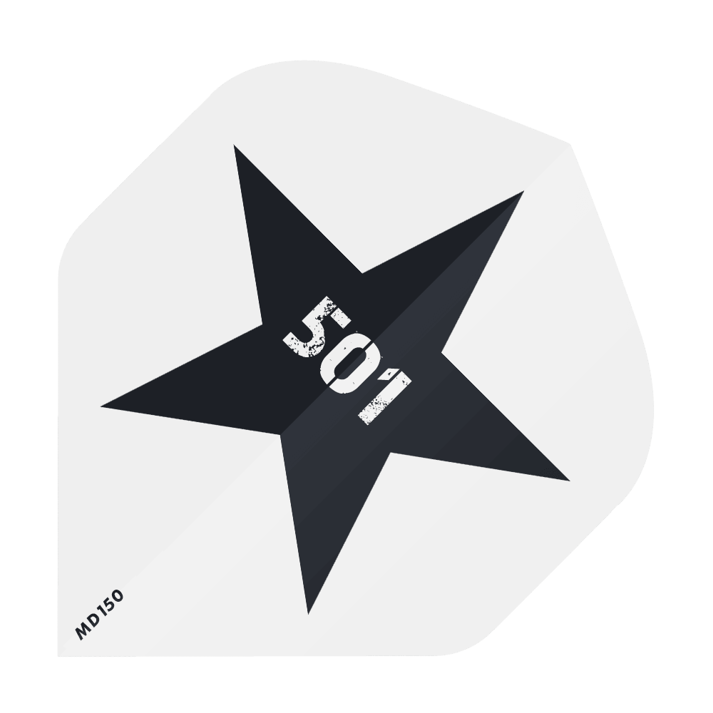 MD-201-Log_2-Seitig_Bedruckte_Flights_Logo_MD150_3 Das Bild zeigt einen schwarzen Stern auf weißem Hintergrund. In der Mitte des Sterns steht die Zahl "501" in weißer, abgenutzter Schrift.