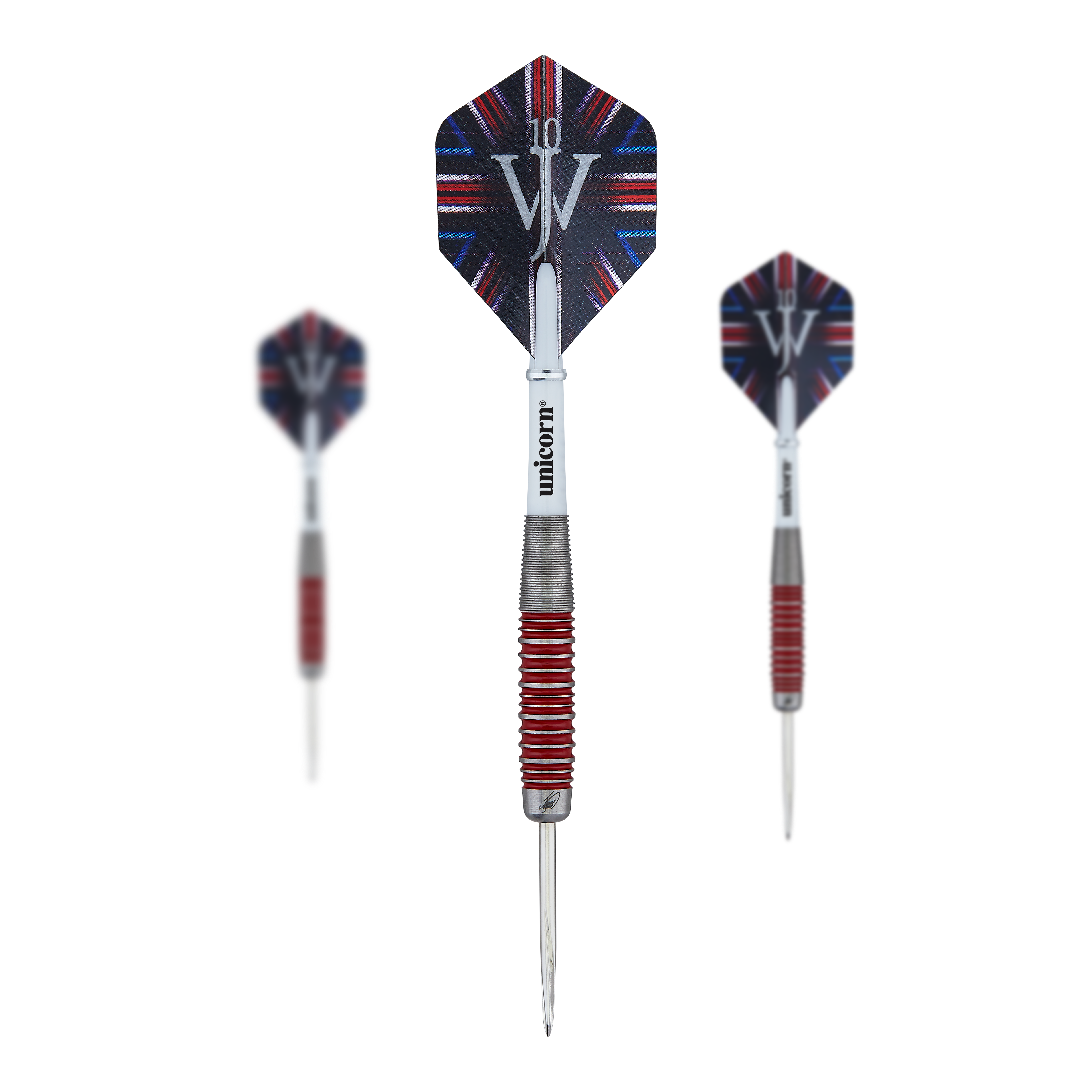 Šipky Unicorn The Machine James Wade z 90% oceli Das Bild zeigt drei Steeldarts des Produkts "Unicorn The Machine James Wade 90% Steeldarts". Die Darts haben rote und silberne Griffringe sowie Flights mit einem schwarz-blauen Muster und den Initialen "JW".