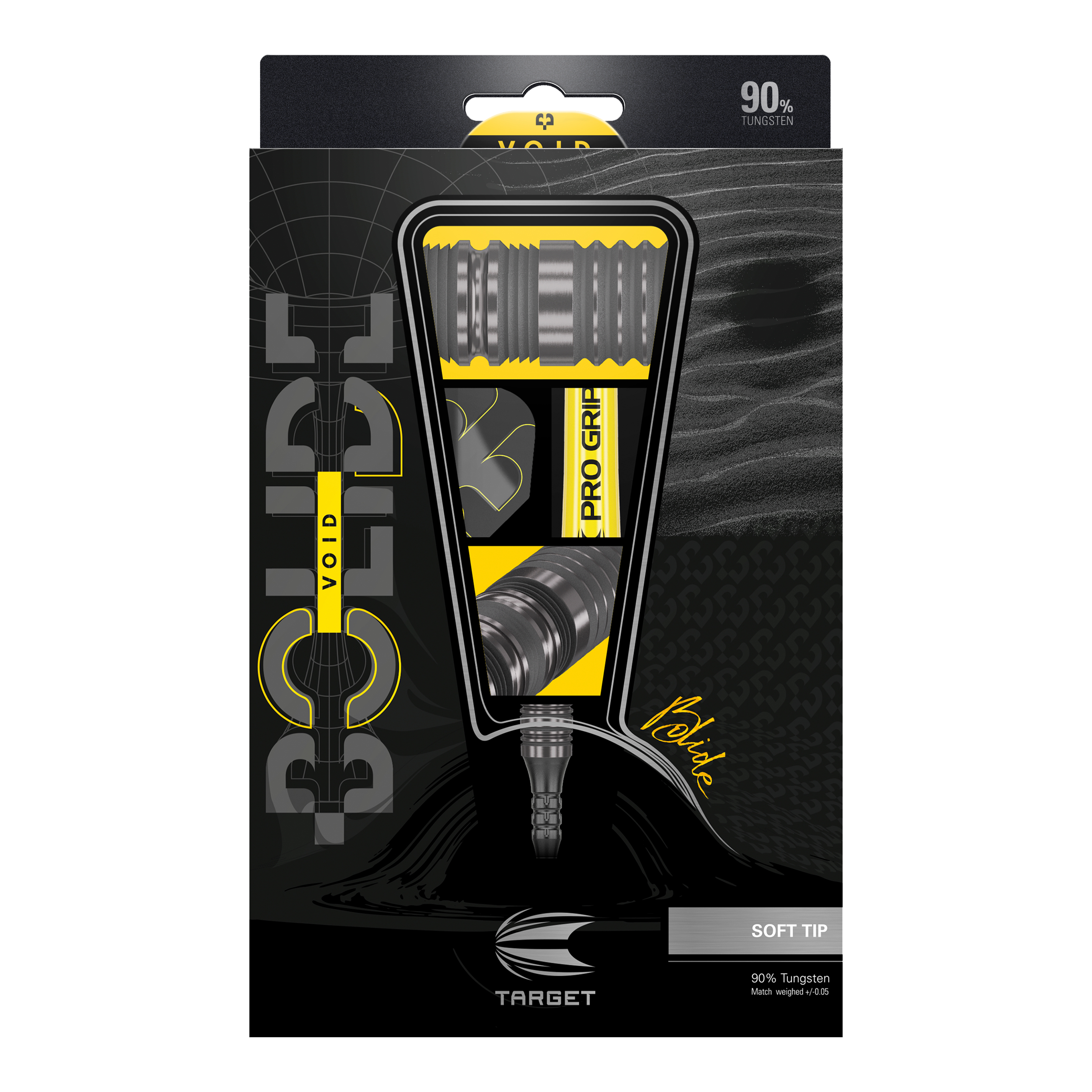 Target Bolide Void 10 měkkých šipek Das Bild zeigt die Verpackung der "Target Bolide Void 10 Softdarts". Die Verpackung ist schwarz-gelb gestaltet und hebt die Darts mit 90% Tungsten-Anteil hervor.