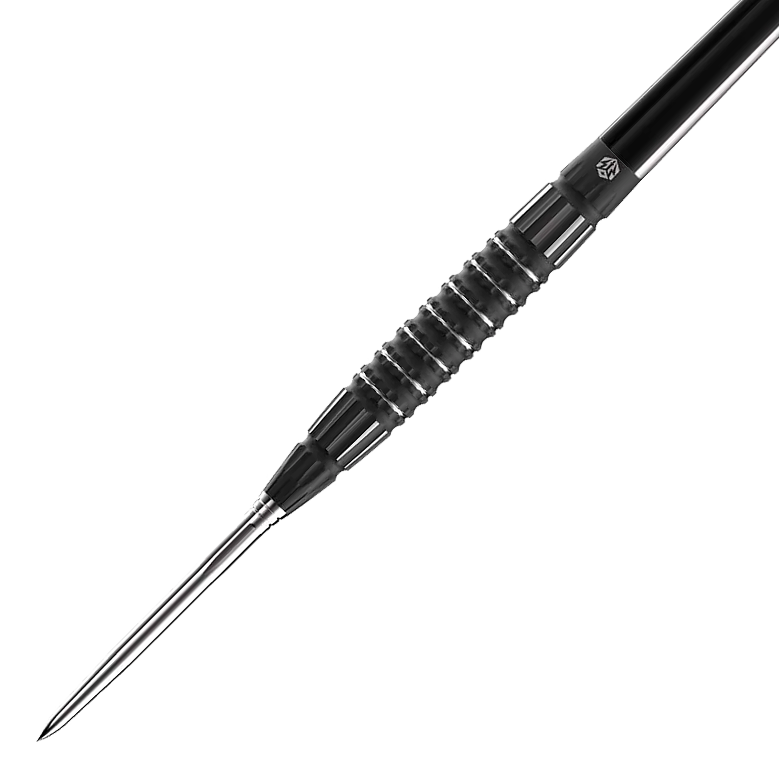 Das Bild zeigt einen Caliburn Sword S3 Steeldart mit einem Gewicht von 23 g. Der Dartpfeil hat ein schlankes, schwarzes Design mit einer geriffelten Griffzone.