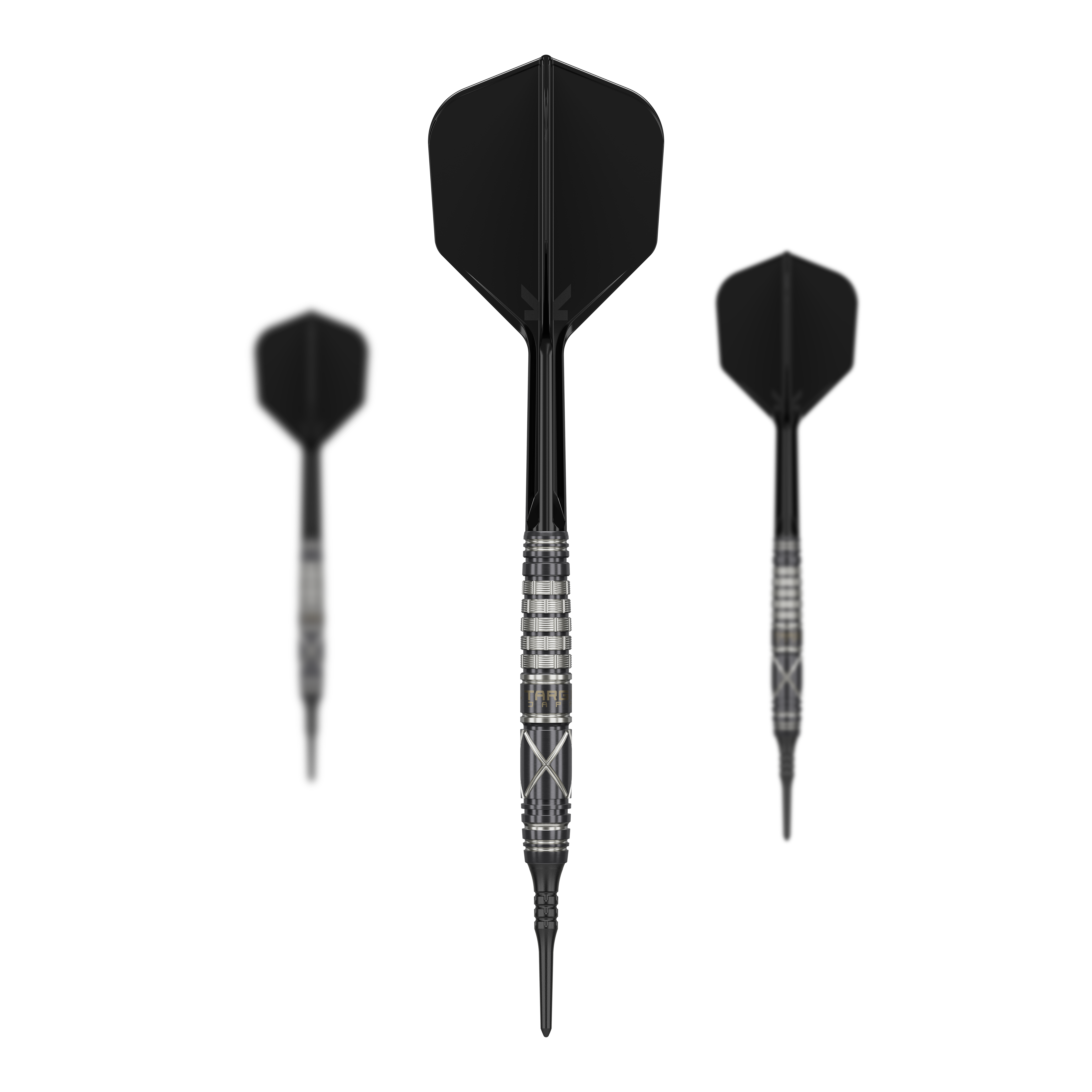 Das Bild zeigt drei schwarze Softdarts mit silbernen Ringen und markantem Design. Die Darts sind das Modell "Target Japan Black Marque Chaos 2" mit einem Gewicht von 19 Gramm.
