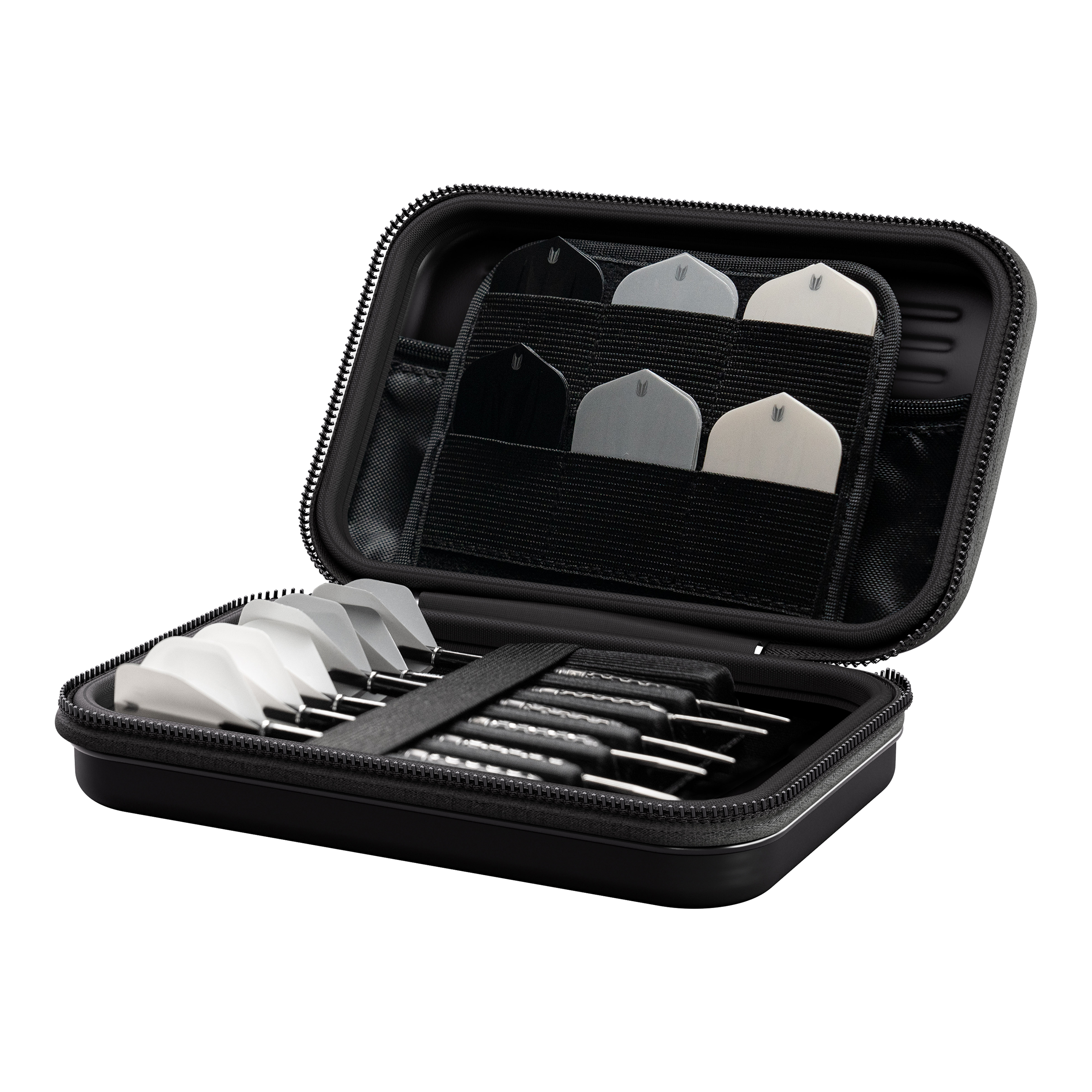 Pouzdro na šipky Target Takoma Luke Littler XL Das Bild zeigt das Produkt "Target Takoma Bolide XL Dartcase". In dem geöffneten Etui sind mehrere Dartpfeile und Ersatzflights ordentlich verstaut.