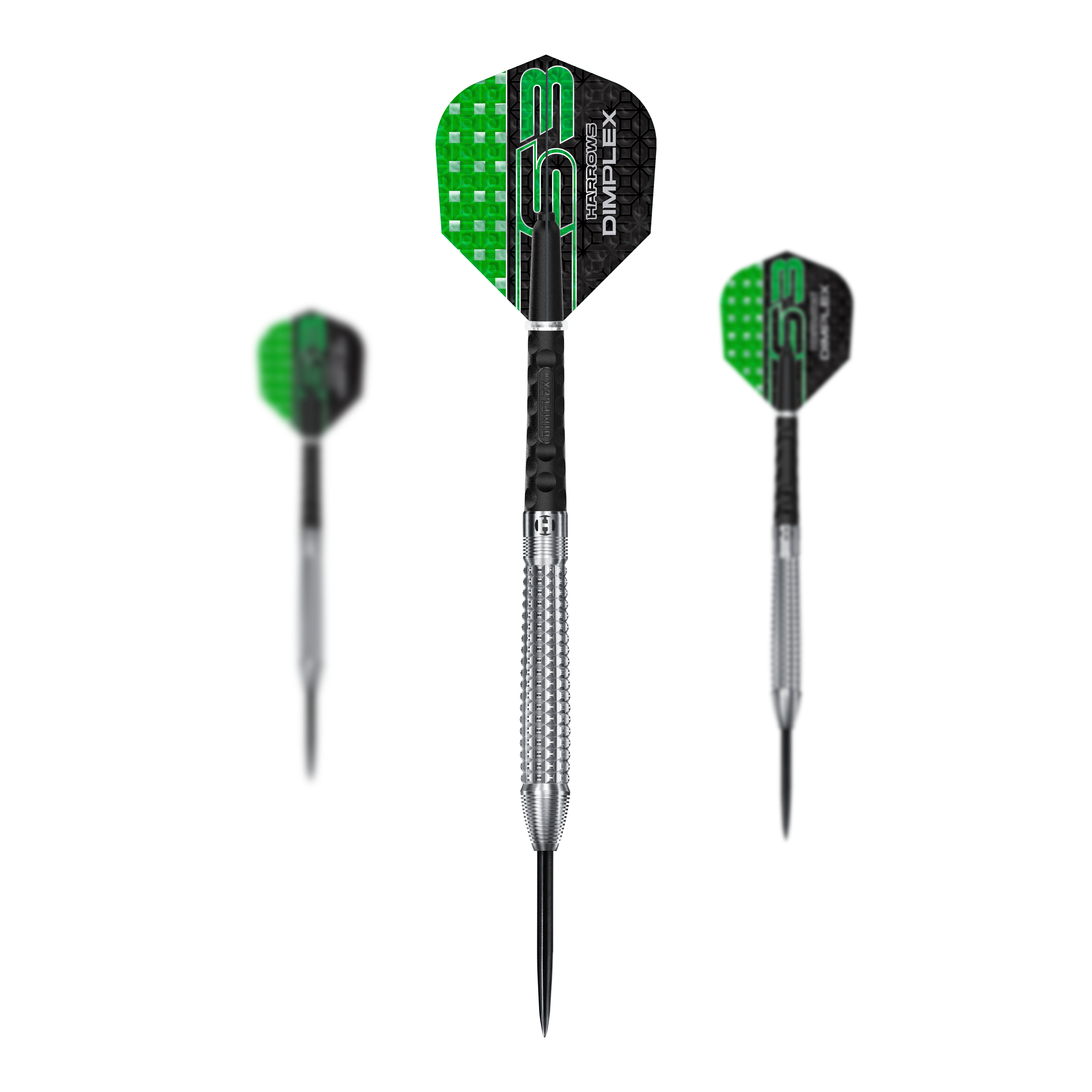 Šipky Harrows Dimplex S3 Tapered Steel Das Bild zeigt drei Steeldarts der Marke "Harrows Dimplex S3 Tapered". Die Flights sind schwarz-grün und die Barrel sind silberfarben mit einer geriffelten Struktur.