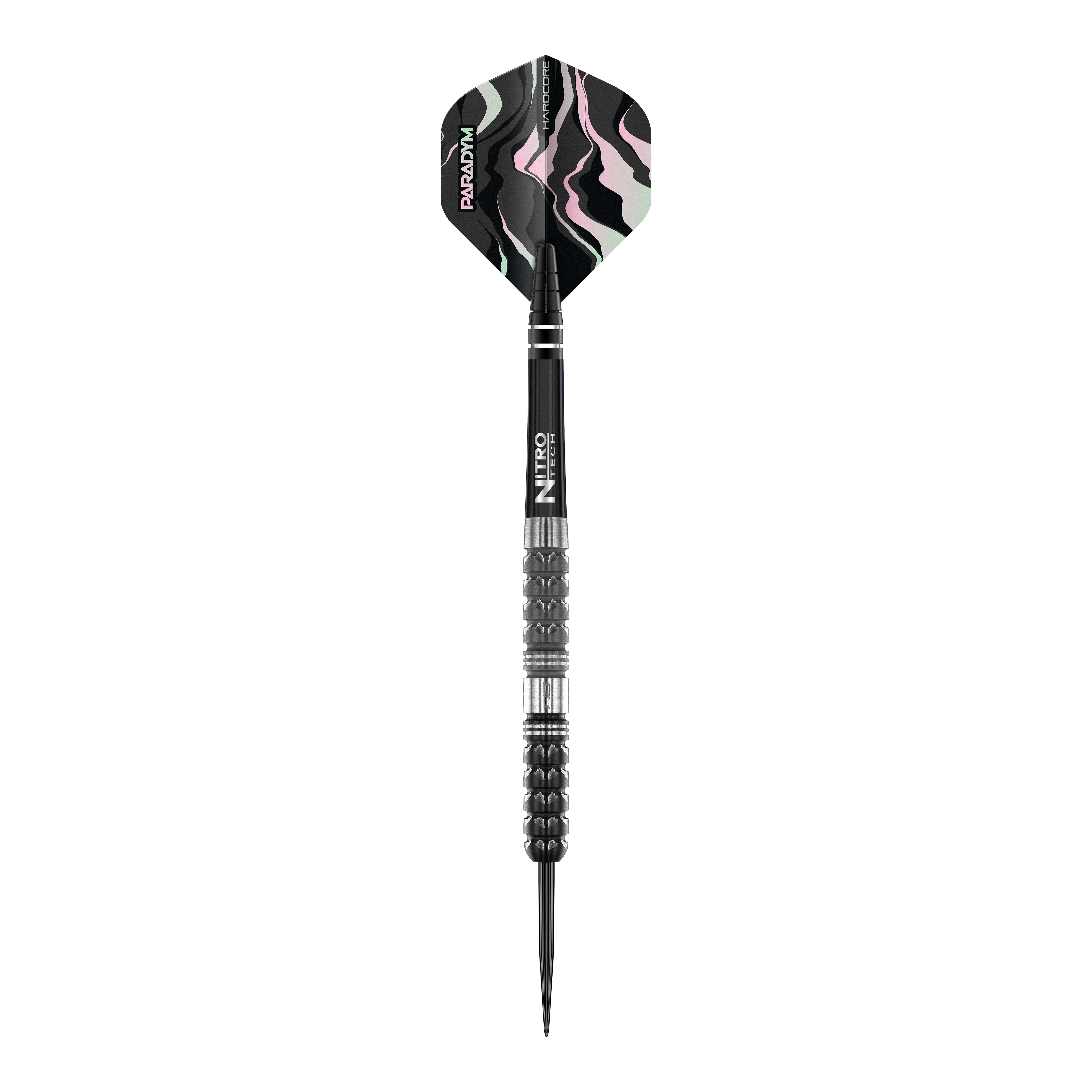 Šipky Red Dragon Paradym Tapered Steel Das Bild zeigt einen Red Dragon Paradym Tapered Steeldart. Der Dart hat ein modernes, schwarzes Design mit markant gemusterter Flugfeder.