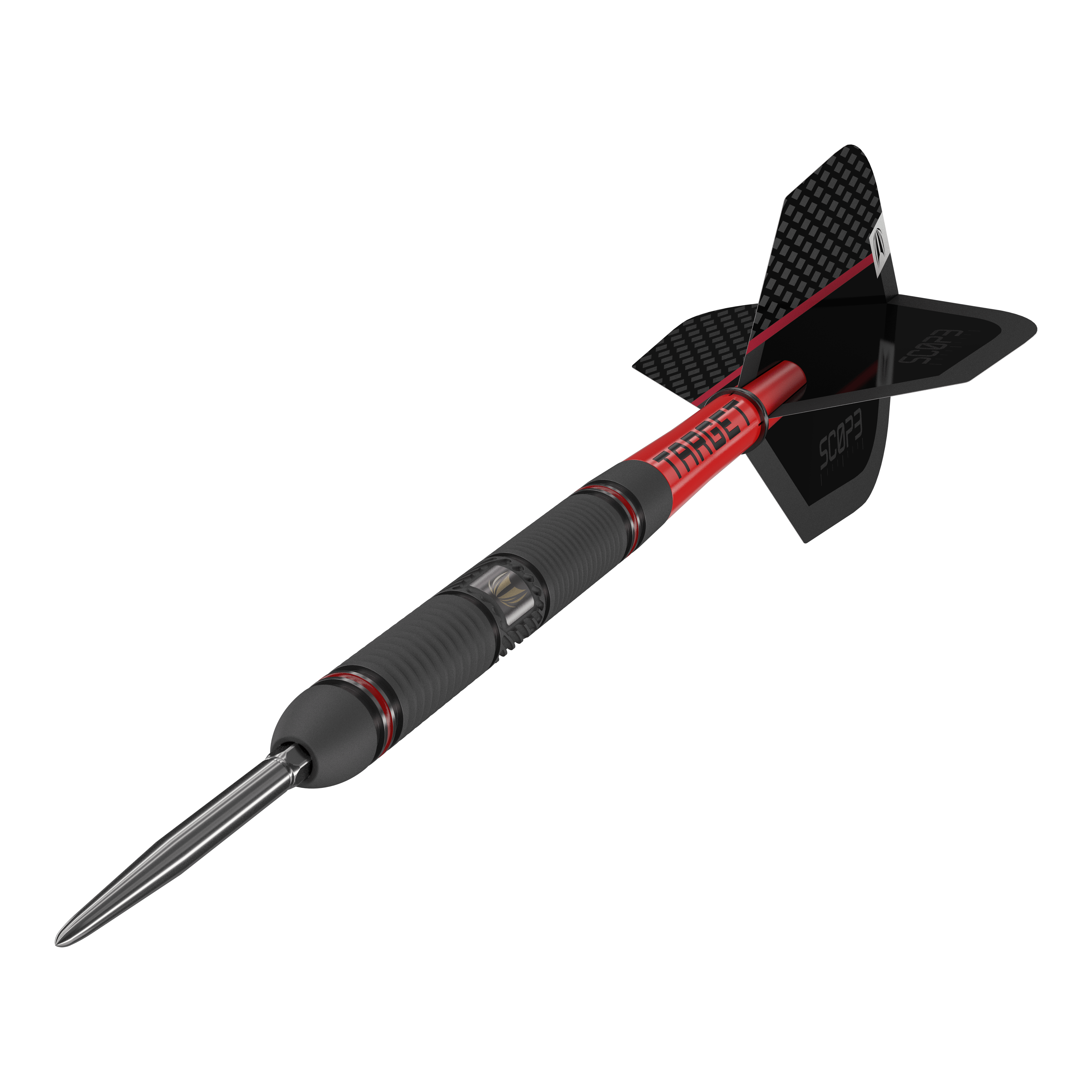 Ocelové šipky Target Scope 01 Swiss Point Das Bild zeigt einen Target Scope 01 Swiss Point Steeldart. Der Dartpfeil hat ein modernes Design mit schwarzen und roten Akzenten sowie einer stabilen Metallspitze.