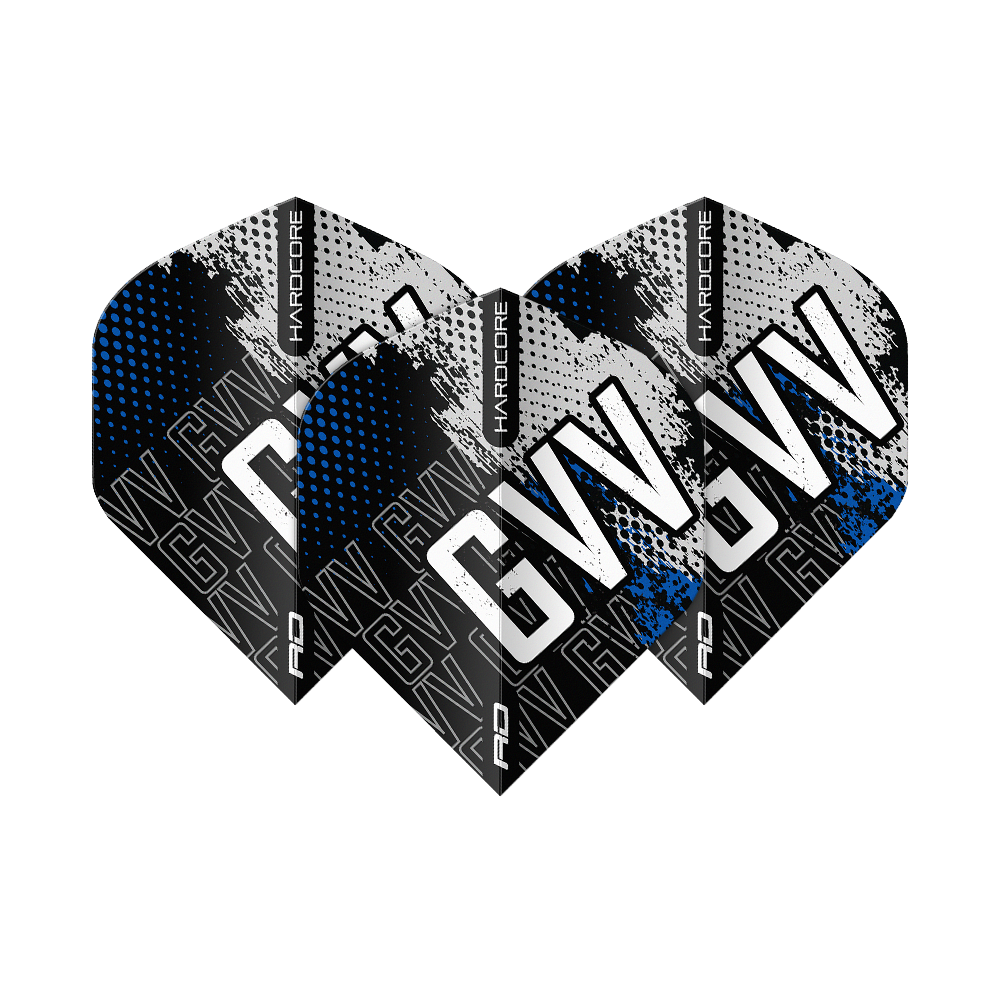 Das Bild zeigt drei Dart-Flights des Produkts "Red Dragon Hardcore Gian Van Veen Blue Premium No2 Standard Flights". Die Flights haben ein schwarzes, weißes und blaues Design mit den Buchstaben "GVV" und dem Schriftzug "Hardcore".