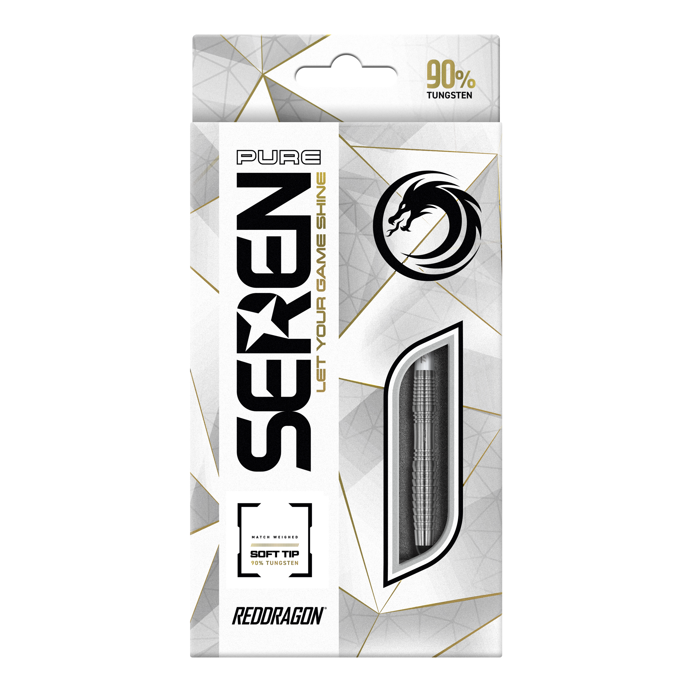 Šipky Red Dragon Seren 3 Pure Softdarts - 20g Die Abbildung zeigt die Verpackung der "Red Dragon Seren 3 Pure Softdarts - 20g". Auf der Vorderseite steht, dass die Darts 90% Tungsten enthalten und für Soft-Tip geeignet sind.