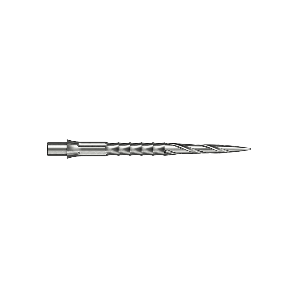 Ocelové hroty na šipky Caliburn System - Spiro - NoLip - stříbrné Zwei silberne Steeldartspitzen werden gezeigt. Sie sind 32 mm lang und gehören zum Spiro NoLip Design.