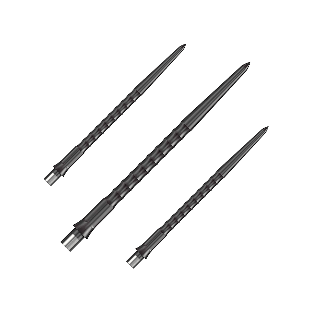 Das Foto zeigt ein Set schwarzer Caliburn Evo System Steeldartspitzen mit 40 mm Länge. Es sind mehrere Spitzen nebeneinander abgebildet.