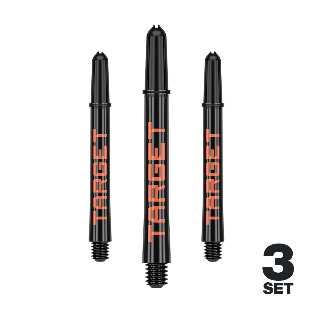 Násadky Target Pro Grip TAG - 3 sady - černo-oranžové Das Bild zeigt drei schwarze Dartschäfte mit orangefarbener Aufschrift "TARGET". In der rechten unteren Ecke steht "3 SET".