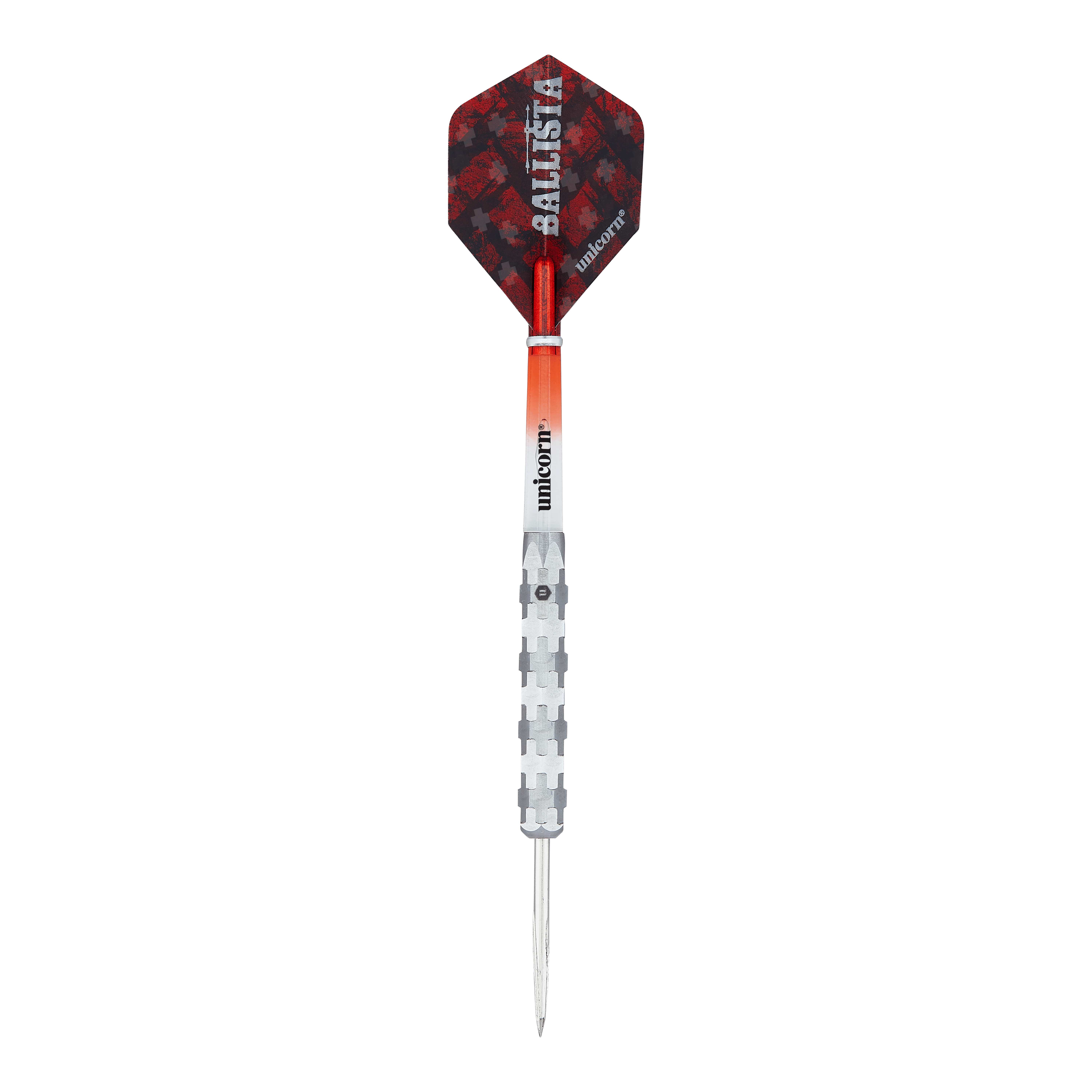 Ocelové šipky Unicorn Ballista Style 1 Das Bild zeigt einen Steeldart mit der Aufschrift "Unicorn Ballista Style 1". Der Dart hat einen silbernen Schaft, einen rot-schwarzen Flight und eine spitze Metallspitze.