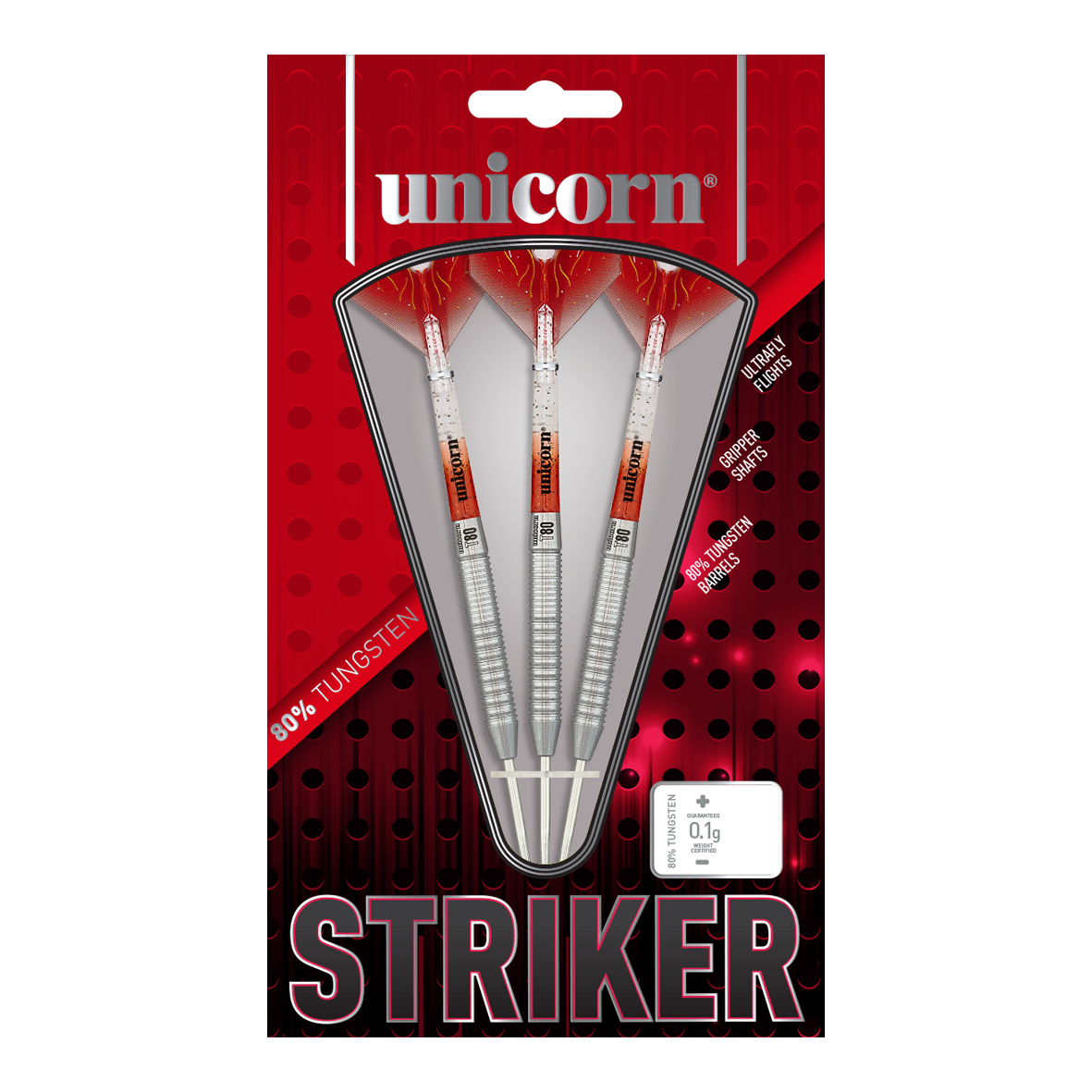 Steeldarts Unicorn Core XL Striker Style 1 - 22g Auf dem Bild sind drei Unicorn Core XL Striker Style 1 Steeldarts mit einem Gewicht von 22g zu sehen. Die Verpackung ist rot-schwarz gestaltet und hebt 80% Tungsten-Barrels hervor.