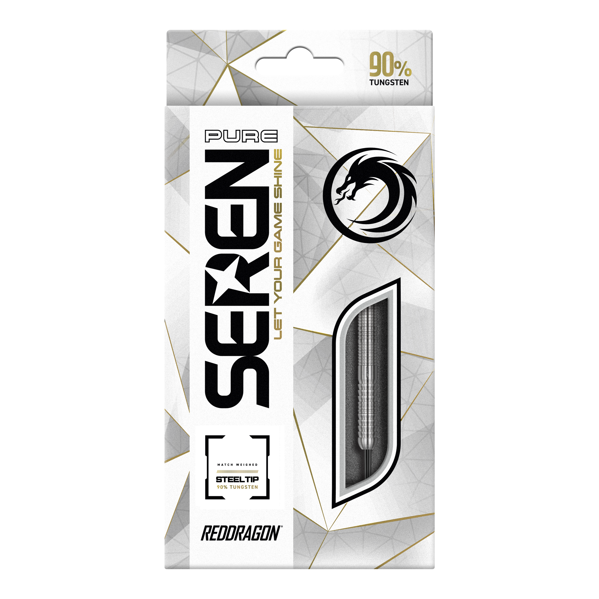Die Verpackung zeigt das Produkt "Red Dragon Seren 1 Pure Steeldarts". Auf der Vorderseite wird hervorgehoben, dass die Darts aus 90% Tungsten bestehen.