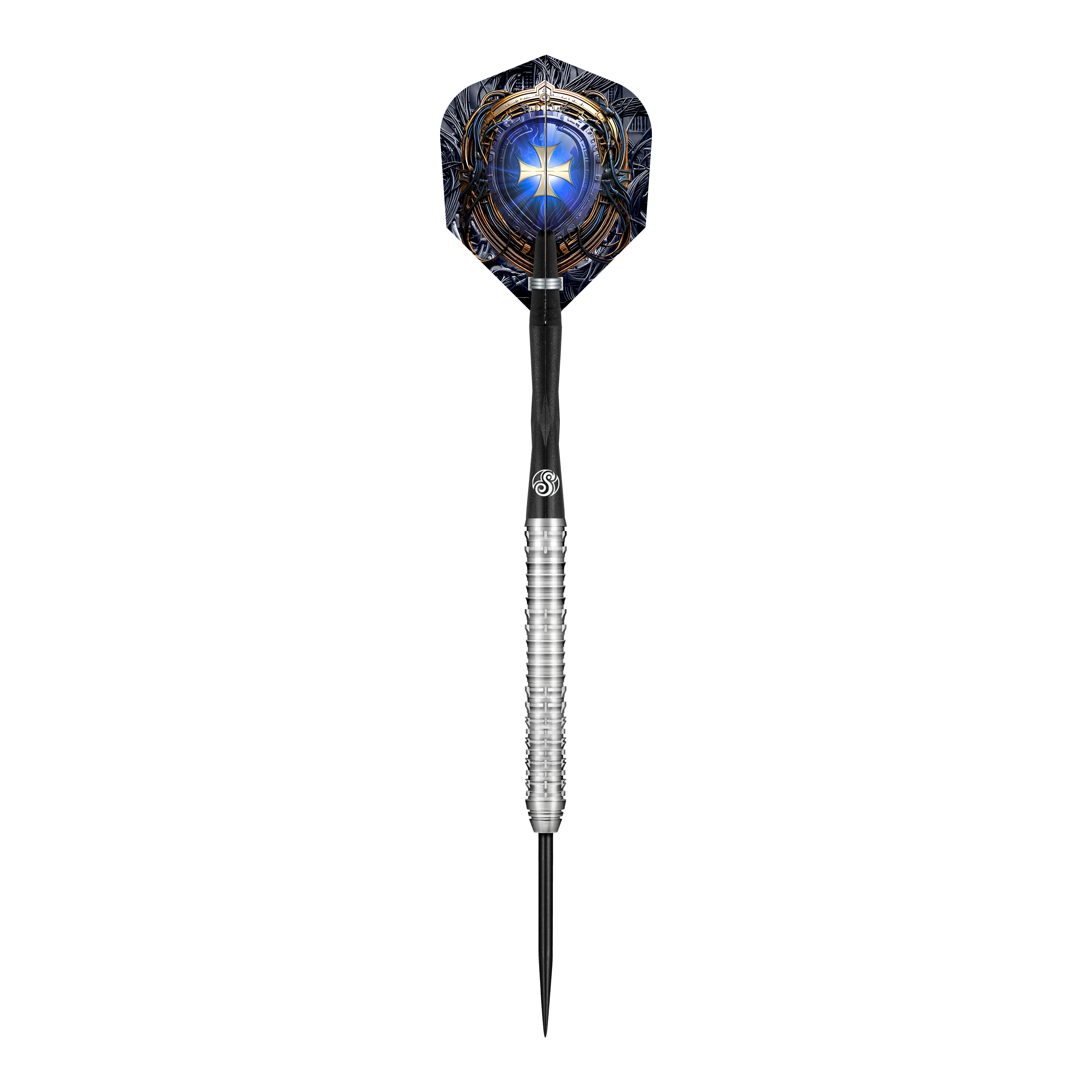 Dies ist ein Shot Future Knights Ironsoul Steeldart. Der Dart hat ein silbernes Griffstück und eine auffällig gestaltete blaue Flight mit einem leuchtenden Sternmotiv.