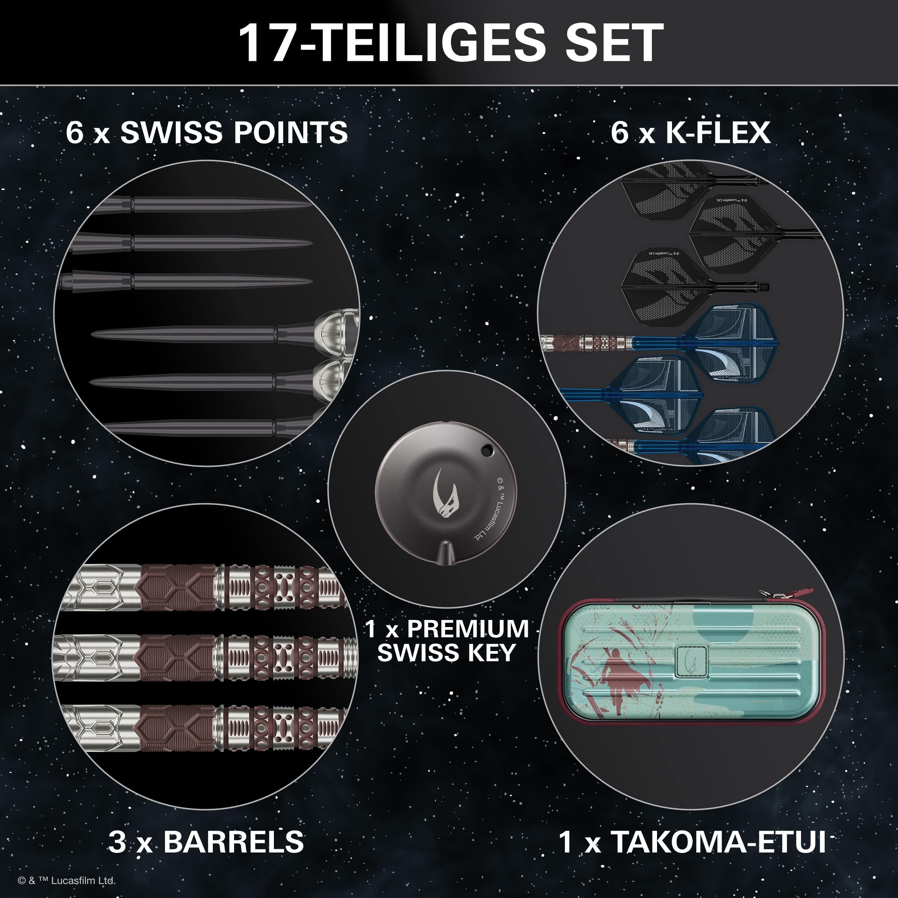 Abgebildet sind die Target Star Wars Mandalorian 95 Swiss Point Steeldarts. Sie sind speziell für Fans von Star Wars und Mandalorian entwickelt.