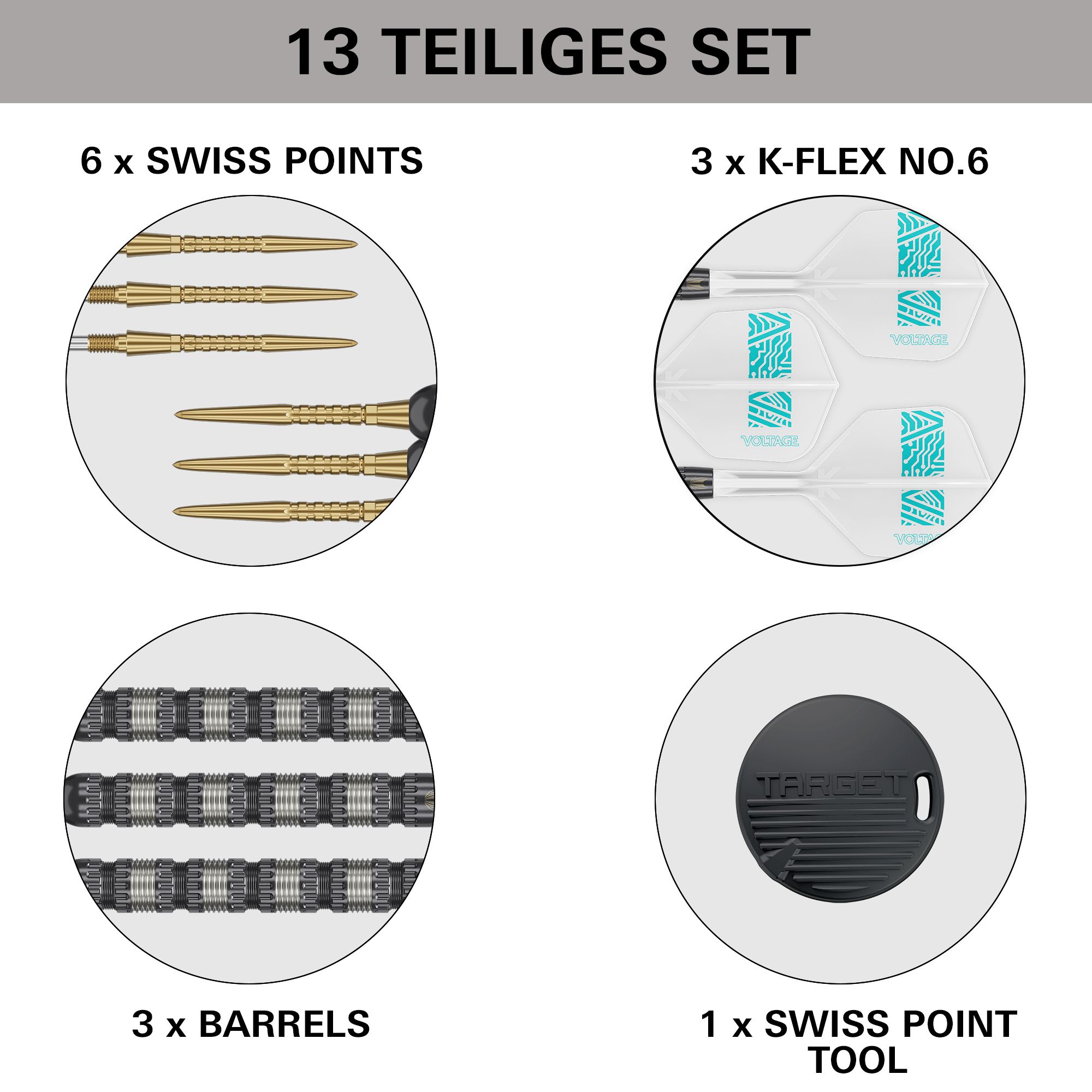 Šipky Target Rob Cross 95K Swiss Point Steel Das Bild zeigt das 13-teilige Set der Target Rob Cross 95K Swiss Point Steeldarts. Es enthält 6 Swiss Points, 3 K-Flex No.6 Flights, 3 Barrels und 1 Swiss Point Tool.