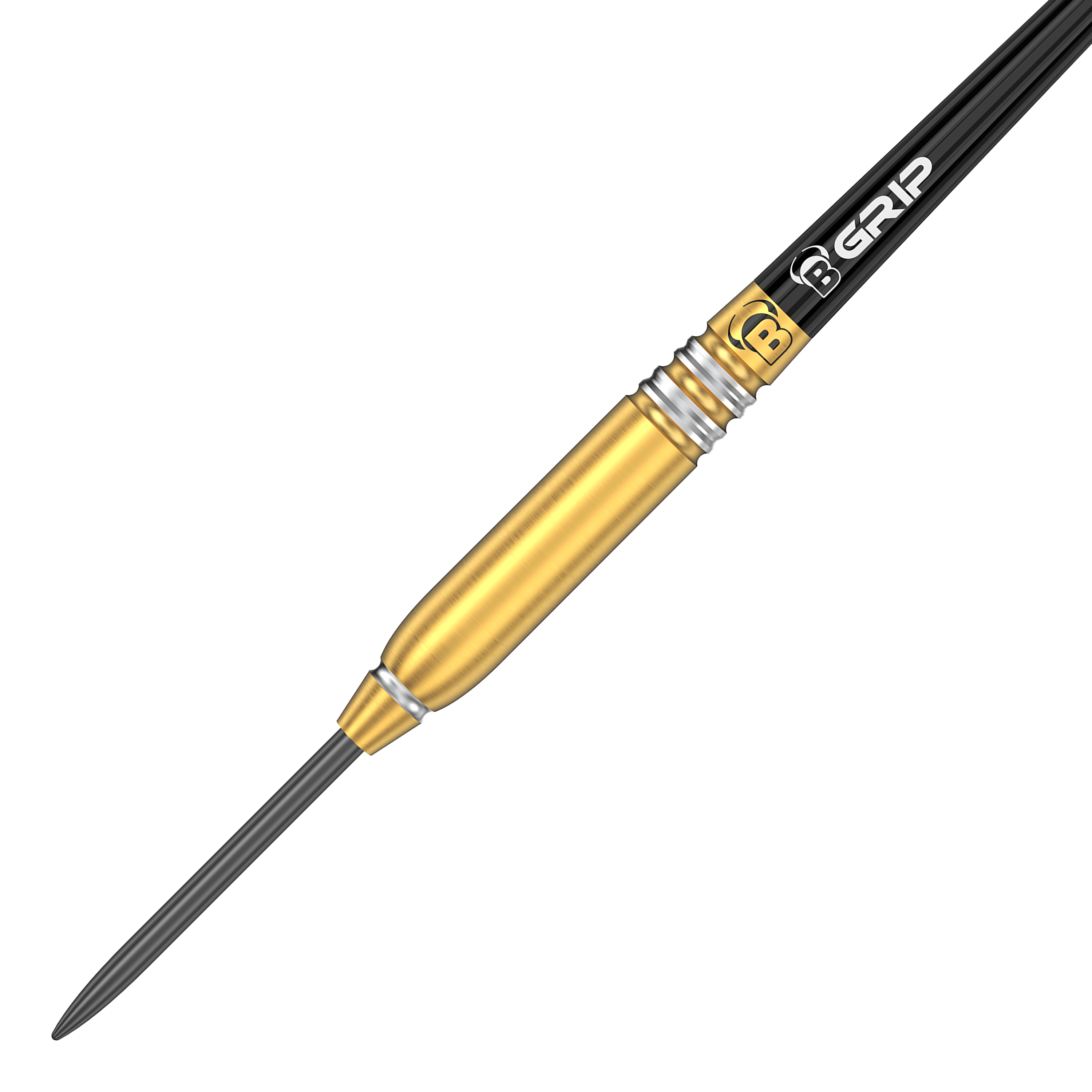 Býci Patrick Geeraets Steeldarts - 23g Das Bild zeigt einen Bulls Patrick Geeraets Steeldart mit einem Gewicht von 23 Gramm. Der Dart hat einen goldfarbenen Barrel und einen schwarzen Schaft mit der Aufschrift "GRIP".