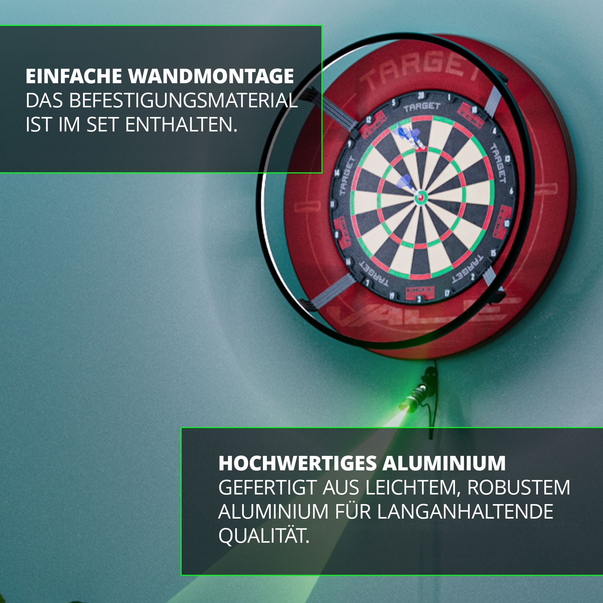 Target MOD Laser Oche Das Bild zeigt eine Dartscheibe mit dem Target MOD Laser Oche an der Wand montiert. Es wird auf die einfache Wandmontage und das hochwertige Aluminium des Produkts hingewiesen.