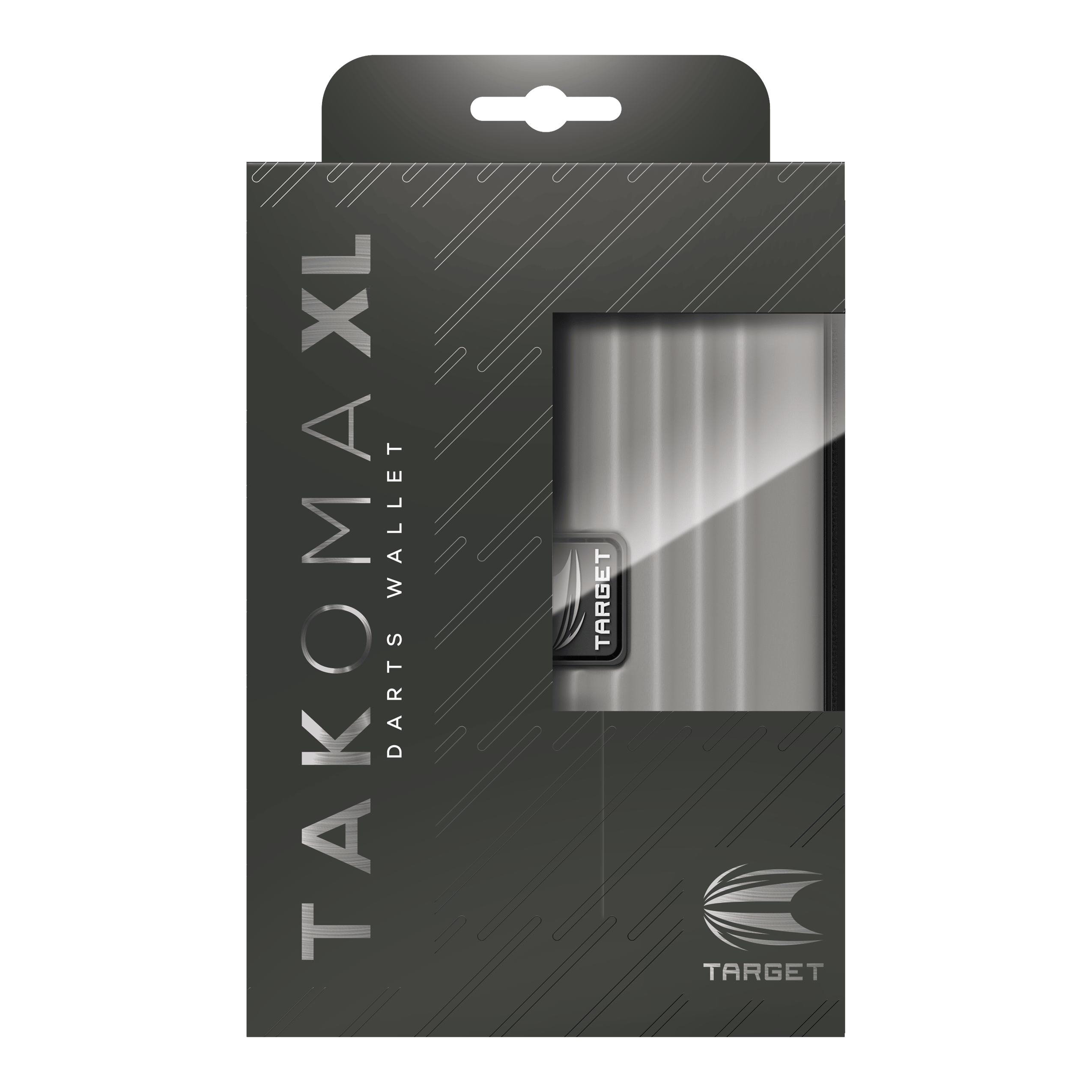 Peněženka Target Takoma XL Dartwallet Die Abbildung zeigt eine Verpackung für ein Dart-Etui mit der Aufschrift "TAKOMA XL DARTS WALLET". Die Verpackung ist grau und bietet durch ein Sichtfenster einen Blick auf das darin enthaltene Etui.