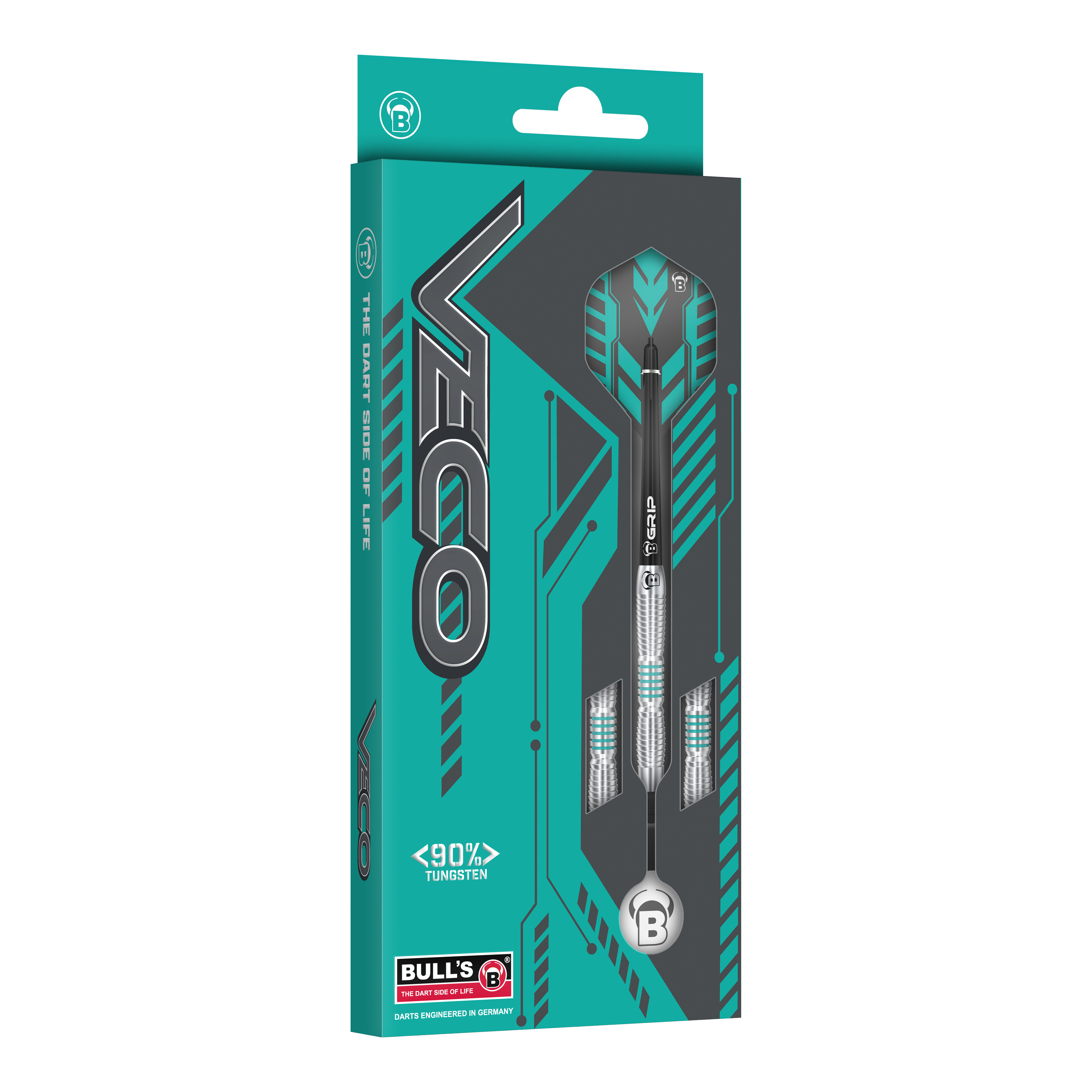 Die Verpackung zeigt die "Bulls V1 Softdarts" von VECO. Das Design ist in Türkis und Grau gehalten und hebt den hohen Wolframanteil von 90% hervor.