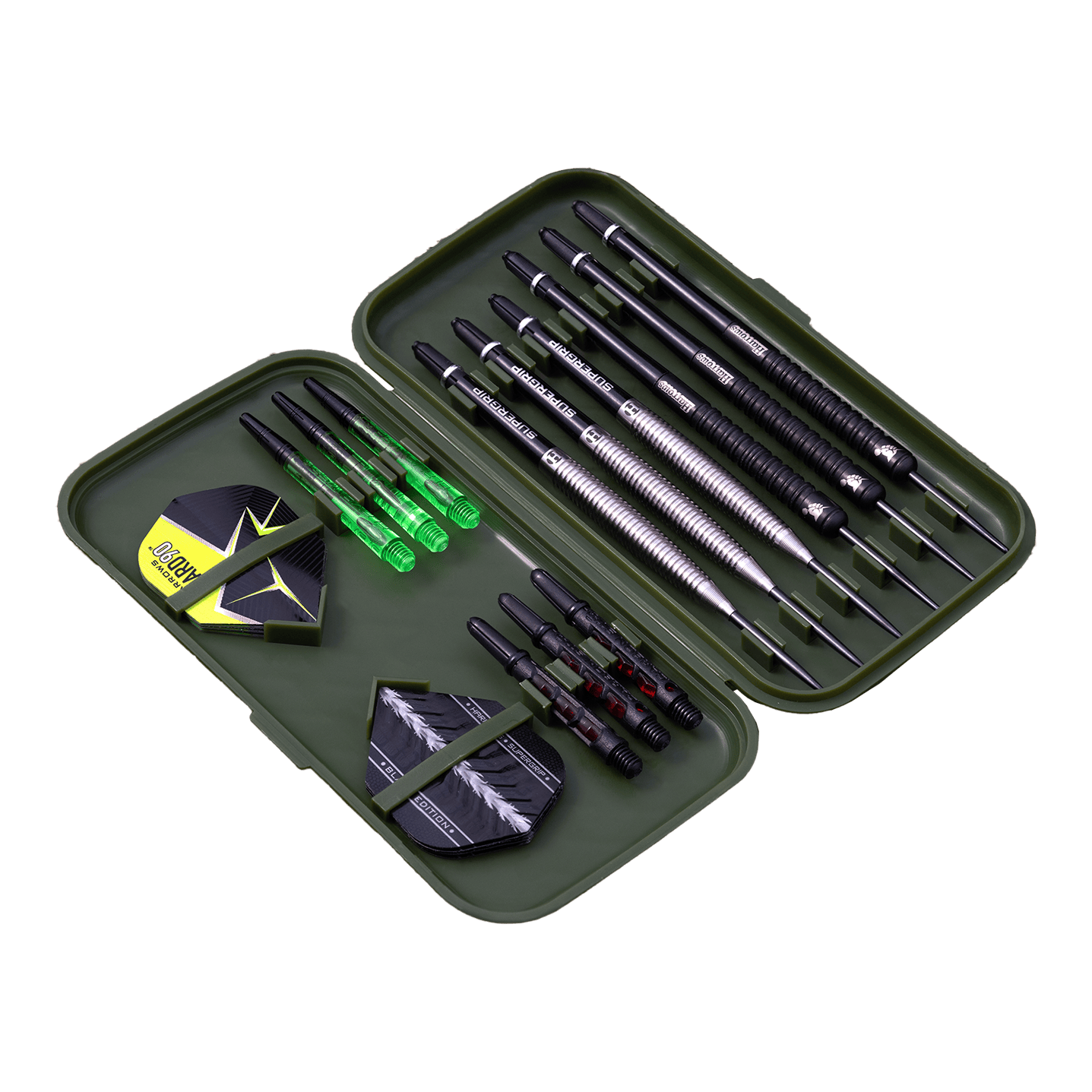 Pouzdro na šipky Harrows Slimcase In diesem Bild ist ein offenes Dartcase mit mehreren Darts und Zubehör zu sehen. Das Etui enthält Dartpfeile, Flights und Ersatzschäfte in einer geordneten Anordnung.