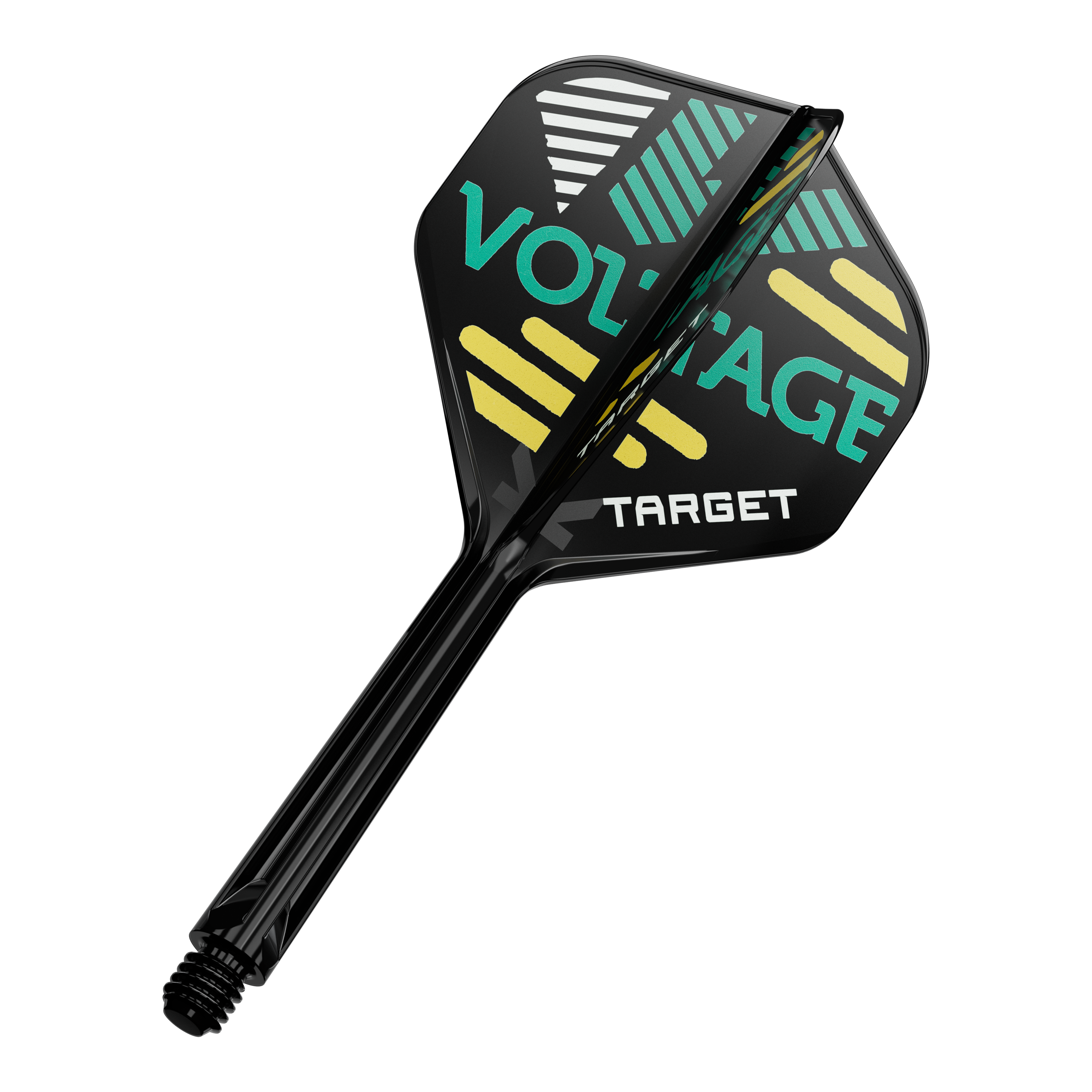 Systém standardní letové hřídele Target K-Flex Rob Cross No2 Dieses Bild zeigt eine schwarze Dartflügel- und Schaftkombination. Auf dem Dartflügel stehen die Wörter "VOLTAGE" und "TARGET" in bunten Farben.