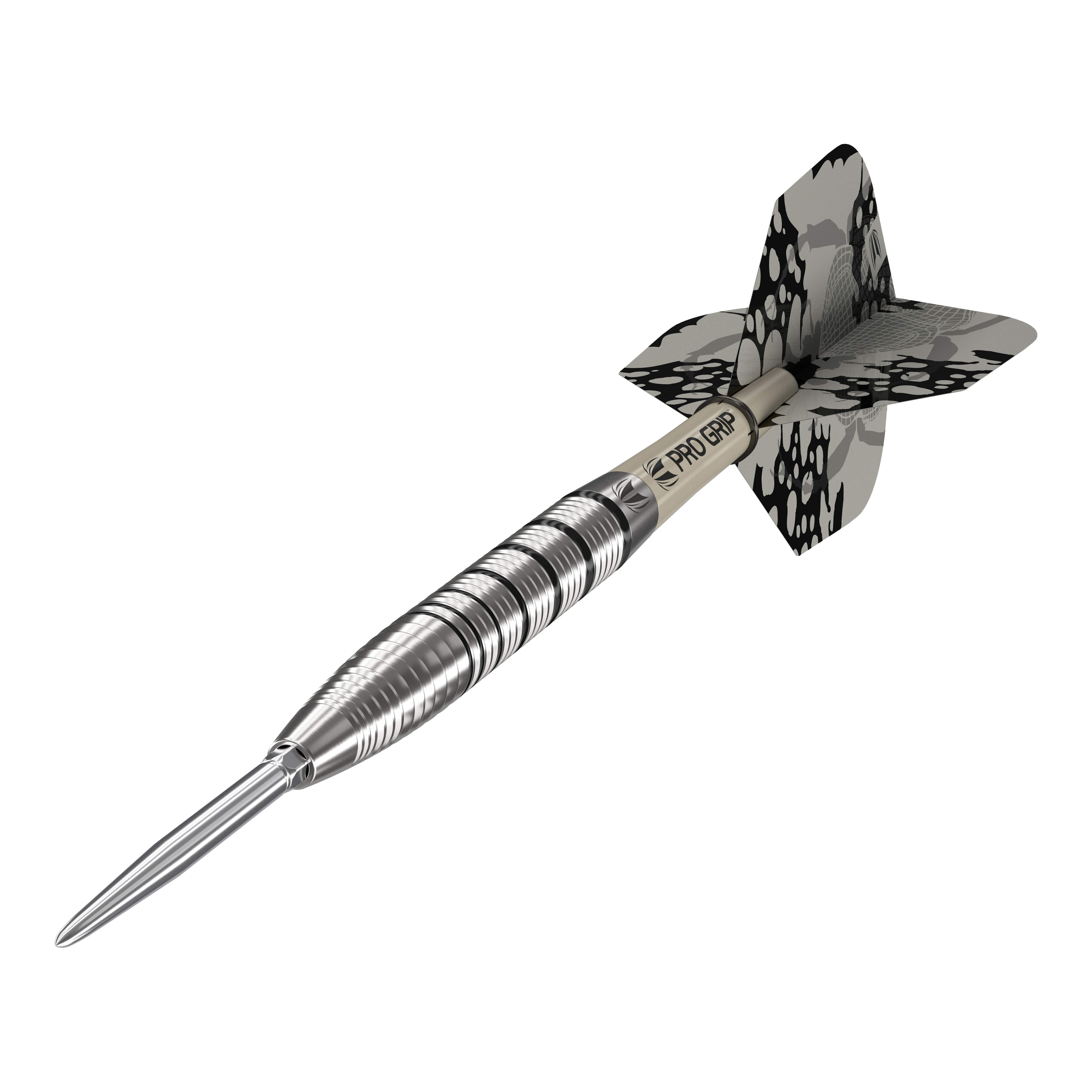 Ocelové šipky Target EXO SP02 Swiss Point Das Bild zeigt den Target EXO SP02 Swiss Point Steeldart. Der Dart hat ein silbernes Griffstück mit schwarzen Akzenten und eine schwarz-gemusterte Flight.