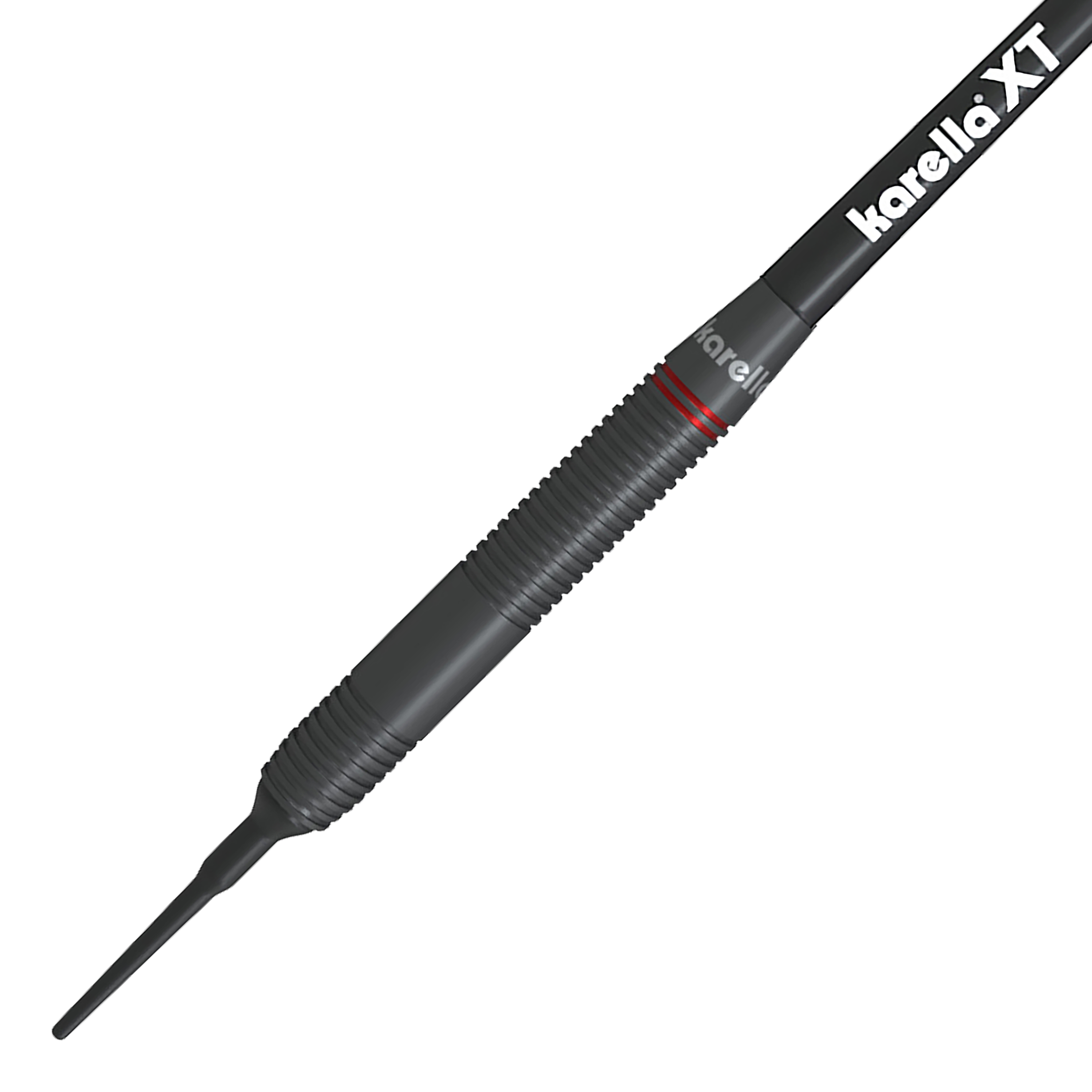 Karella Daniel Klose měkké šipky Das Bild zeigt einen Karella Daniel Klose Softdartpfeil. Der Dart ist hauptsächlich schwarz mit feinen Rillen und einem weißen "karella XT" Schriftzug.