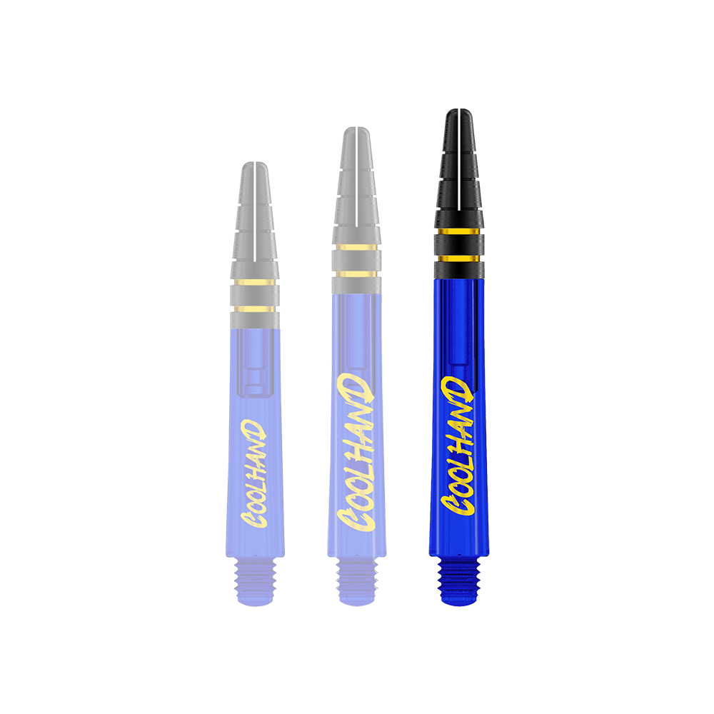 Red Dragon Nitrotech Luke Humphries Coolhand šachty - modré Das Bild zeigt drei blaue Dartschäfte mit der gelben Aufschrift "COOLHAND". Die Spitzen der Schäfte sind schwarz mit goldenen Ringen verziert.