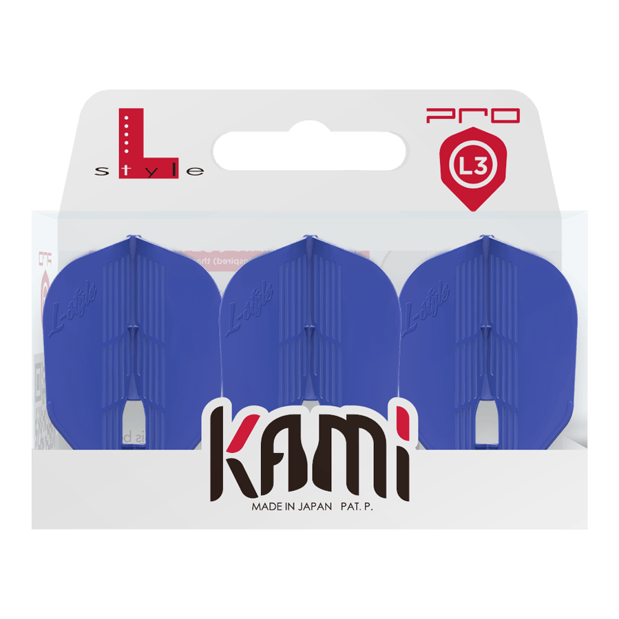 Letky KAMI L3PRO ve stylu L Das Bild zeigt eine Verpackung mit drei blauen Dart-Flights der Marke L-Style. Auf der Verpackung steht "kami" und "Made in Japan".