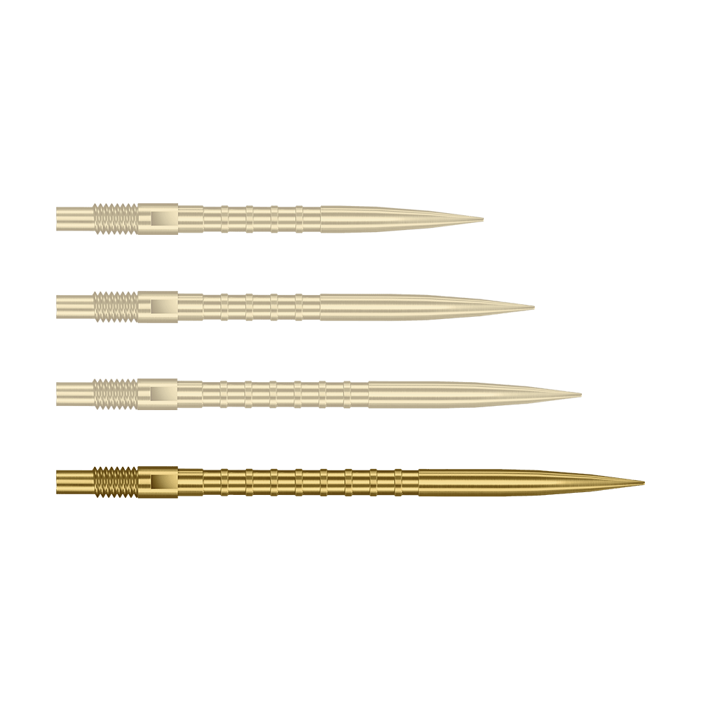Špičky na šipky Harrows Quick Point Heavy Metal - zlaté Auf dem Bild ist eine einzelne Harrows Quick Point Heavy Metal Grip Dartspitze in Gold, 40 mm, zu sehen. Die Spitze liegt im Fokus vor hellem Hintergrund.