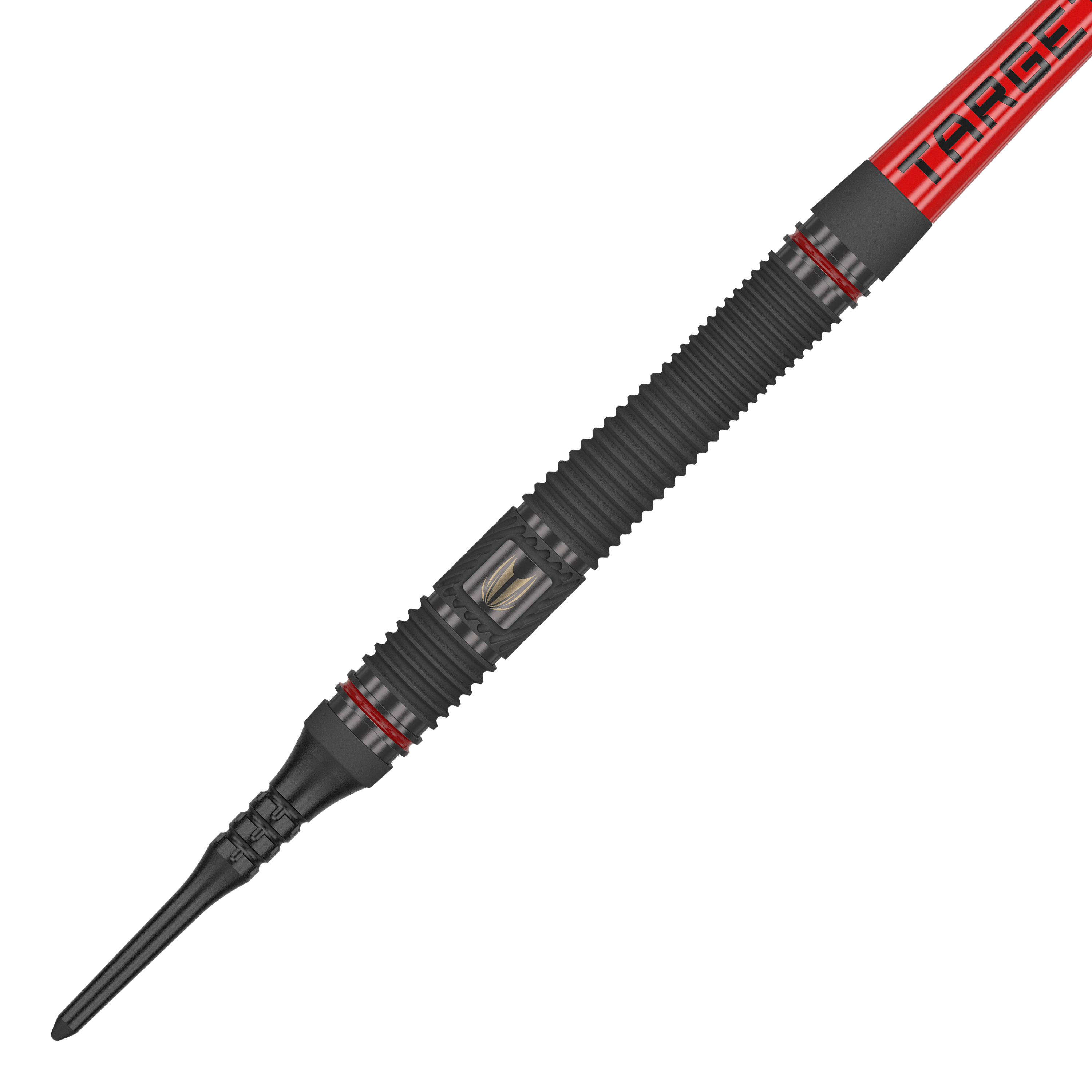 Target Scope 11 měkkých šipek Das Bild zeigt einen Target Scope 11 Softdart. Der Dartpfeil ist überwiegend schwarz mit roten Akzenten und einer geriffelten Oberfläche für besseren Halt.