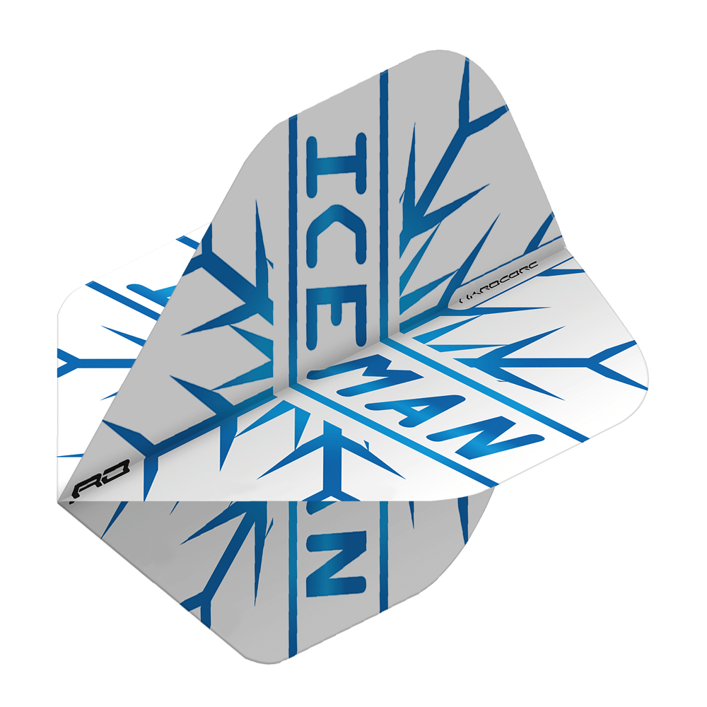 TF6421_RedDragon_Hardcore_Gerwyn_Price_Iceman_Standard_Flights_2 Das Bild zeigt einen weißen Dartflight mit blauen Eiszapfen und dem Schriftzug "ICEMAN". Es handelt sich um das Modell "Red Dragon Hardcore Gerwyn Price Iceman Standard Flights".