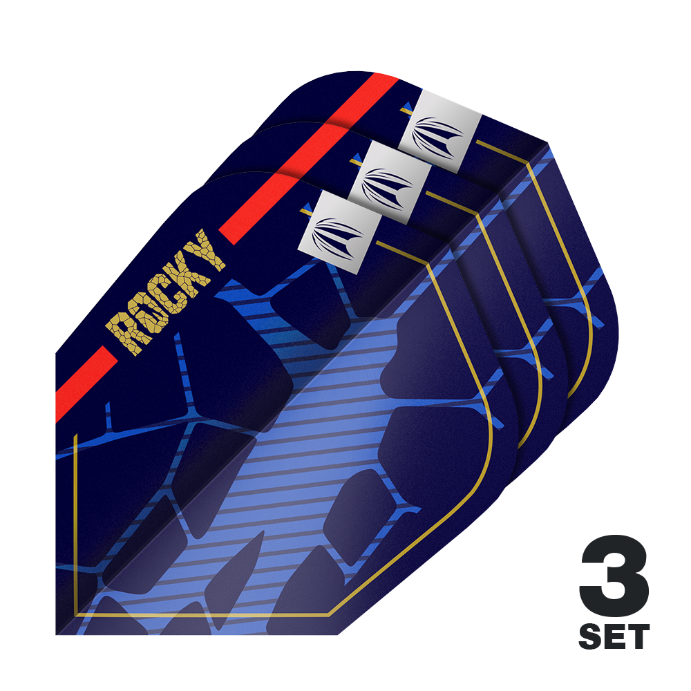 Letky Target Pro Ultra Josh Rock GEN1 Ten-X - 3 sady Das Bild zeigt drei Sätze der Target Pro Ultra Josh Rock GEN1 Ten-X Flights. Die Flights sind dunkelblau mit goldenen, roten und blauen Akzenten und dem Schriftzug "ROCKY".