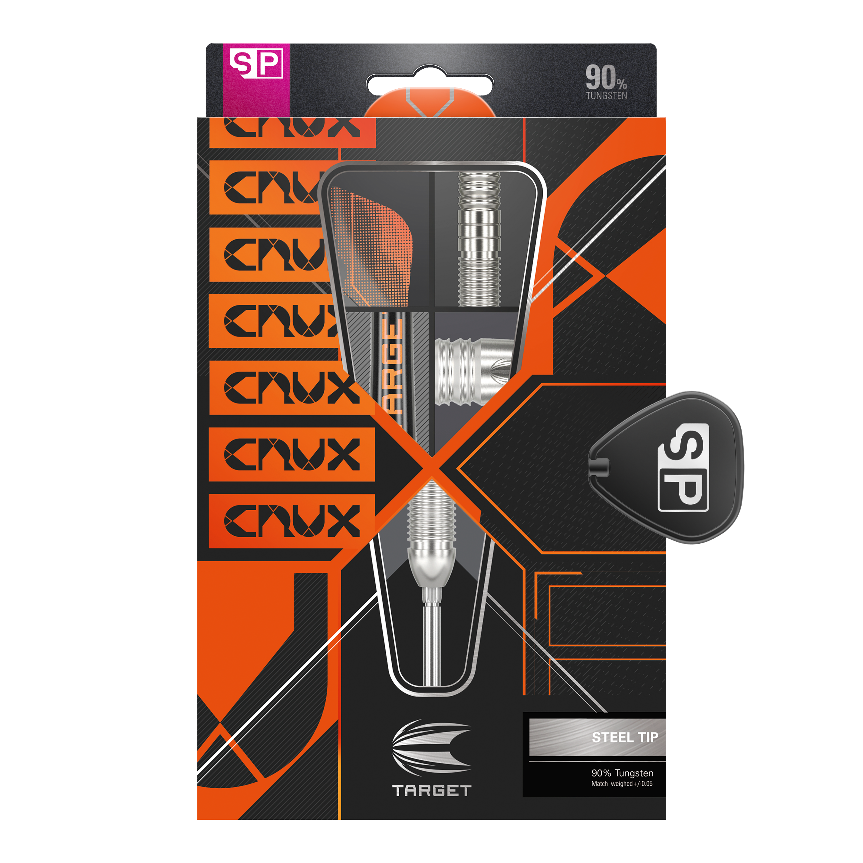 Target Crux 02 Swiss Point Steeldarts Auf dem Bild ist eine Verpackung für Steeldarts der Marke Target zu sehen. Die Packung ist überwiegend orange und schwarz gestaltet und enthält Darts mit 90% Tungsten-Anteil.