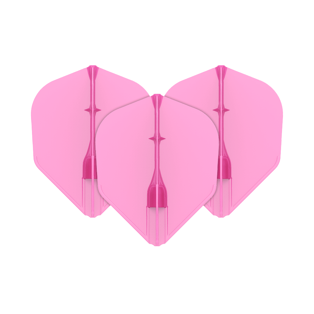 Lety L-L-Style3EZ Das Bild zeigt drei pinke Dartflights, die nebeneinander angeordnet sind. Sie haben eine standardisierte, rautenähnliche Form und sind einheitlich gefärbt.