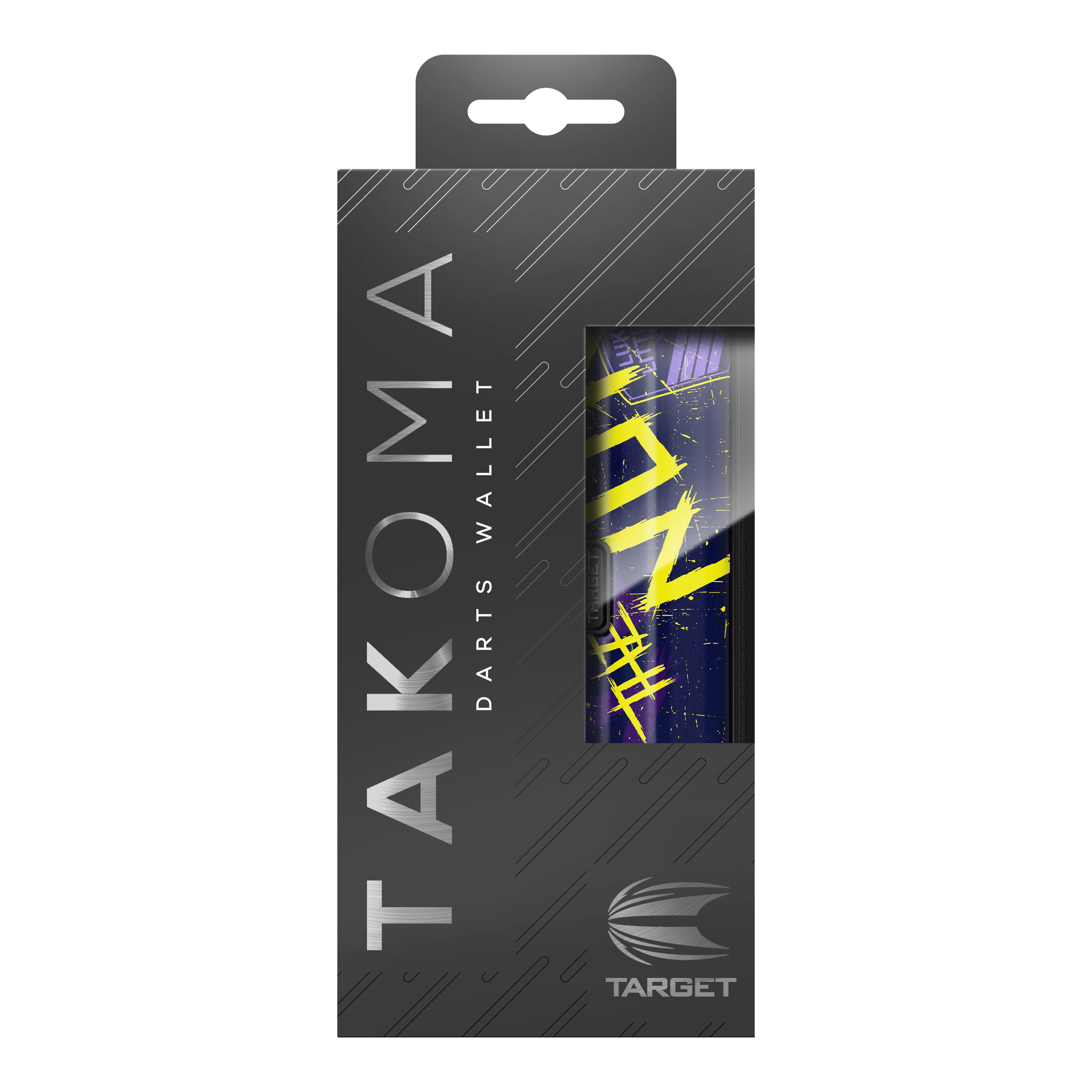 Pouzdro na šipky Target Takoma Luke Littler Die Abbildung zeigt die Verpackung des "Target Takoma Luke Littler Dartcase". Die Schachtel ist überwiegend schwarz mit silberner Schrift und einem Sichtfenster, das einen Teil des Dartcase-Designs zeigt.