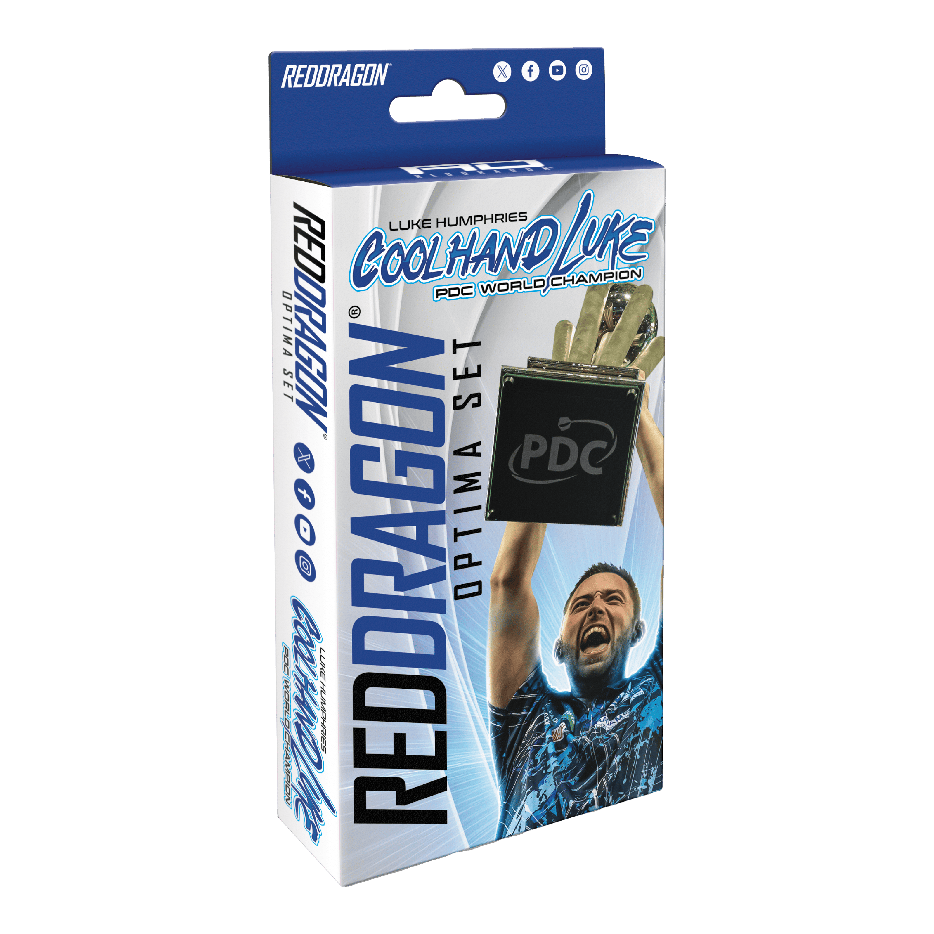 Sada doplňků Optima pro Red Dragon Luke Humphries Die Verpackung zeigt das Produkt "Red Dragon Luke Humphries Optima Zubehör Pack". Auf der Vorderseite ist ein jubelnder Luke Humphries und ein Pokal abgebildet.