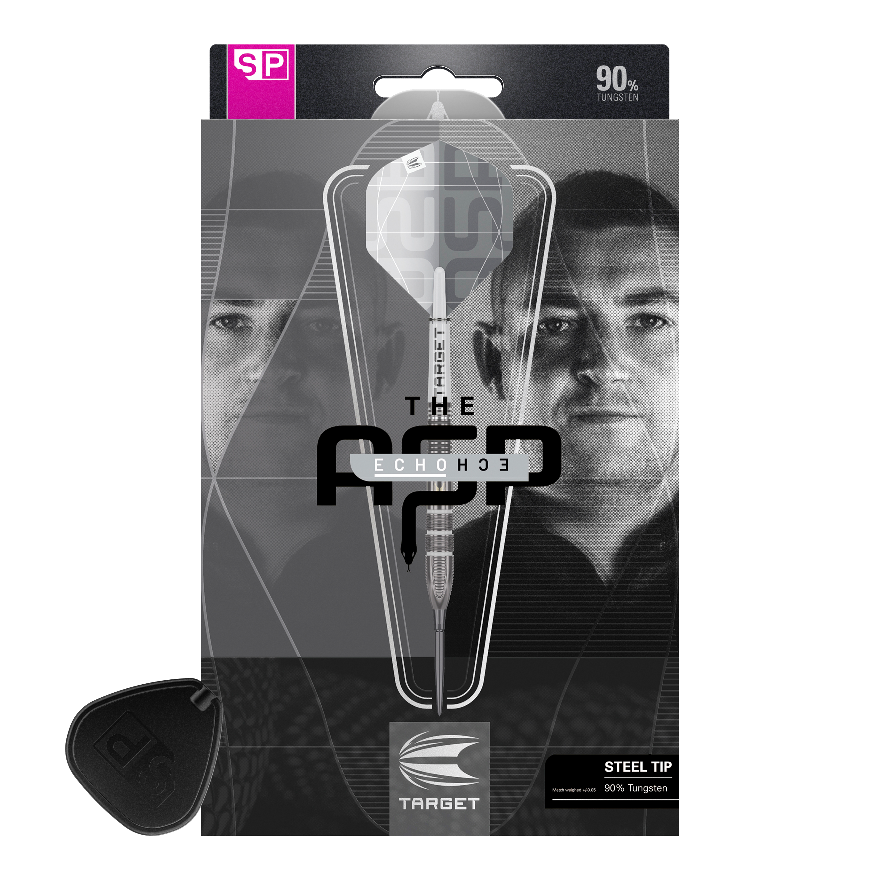 Ocelové šipky Target Nathan Aspinall X Echo Swiss Point Die Verpackung zeigt die Target Nathan Aspinall X Echo Swiss Point Steeldarts. Auf der Vorderseite sind ein Dartpfeil und das Porträt eines Mannes zu sehen.