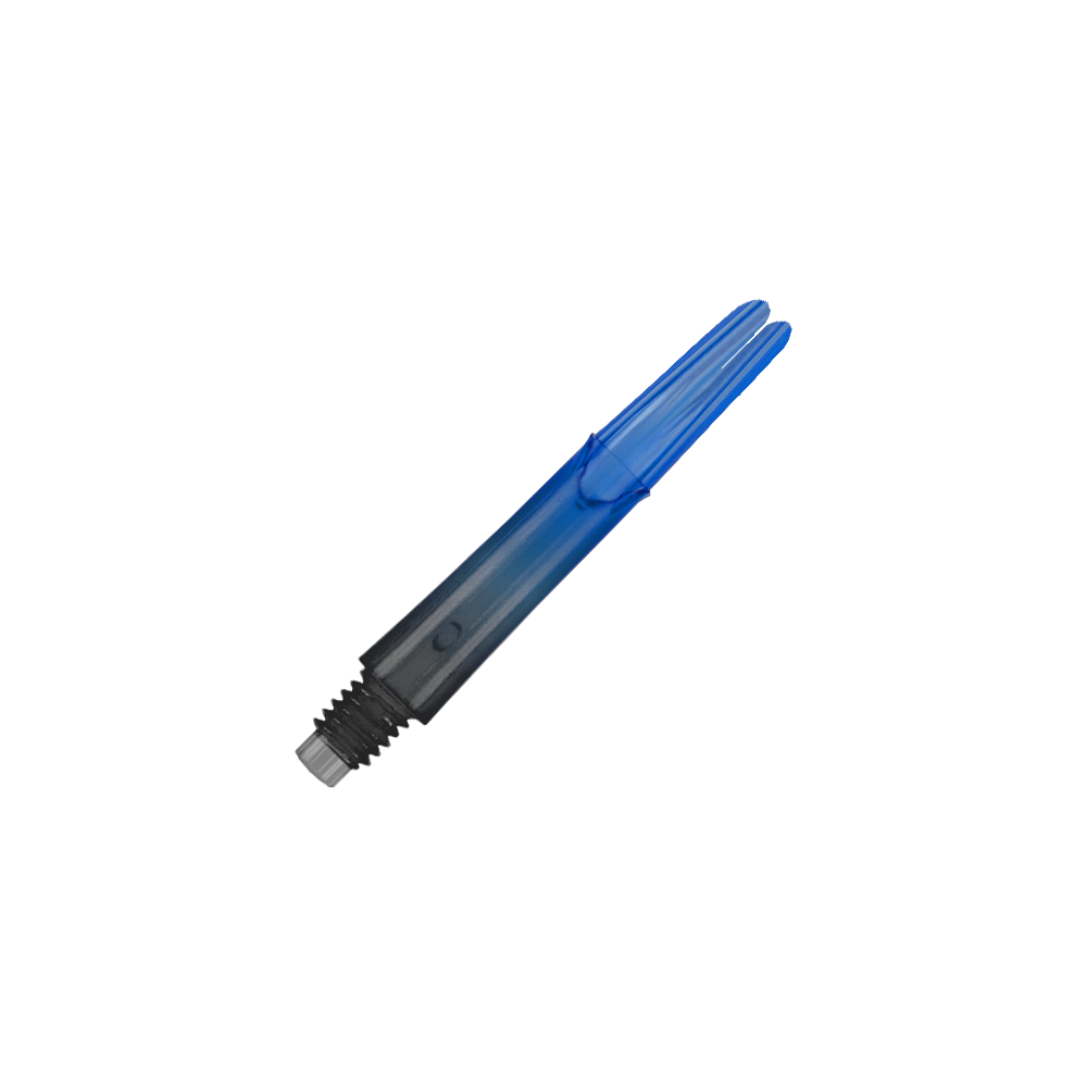 L-L-Style-Shaft Locked Straight Natural9 TwoTone Shafts - Blau Auf dem Bild ist ein blauer, transparenter Dart-Schaft zu sehen. Der Schaft hat ein gerades Design und ein schwarzes Gewinde am unteren Ende.