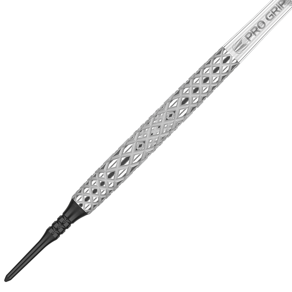 210134_Target_Nastri_10_Softdarts_2 Das Bild zeigt einen Target Nastri 10 Softdart mit einem silbernen, diamantförmig gemusterten Griff. Die Spitze des Darts ist schwarz und besteht aus Kunststoff.