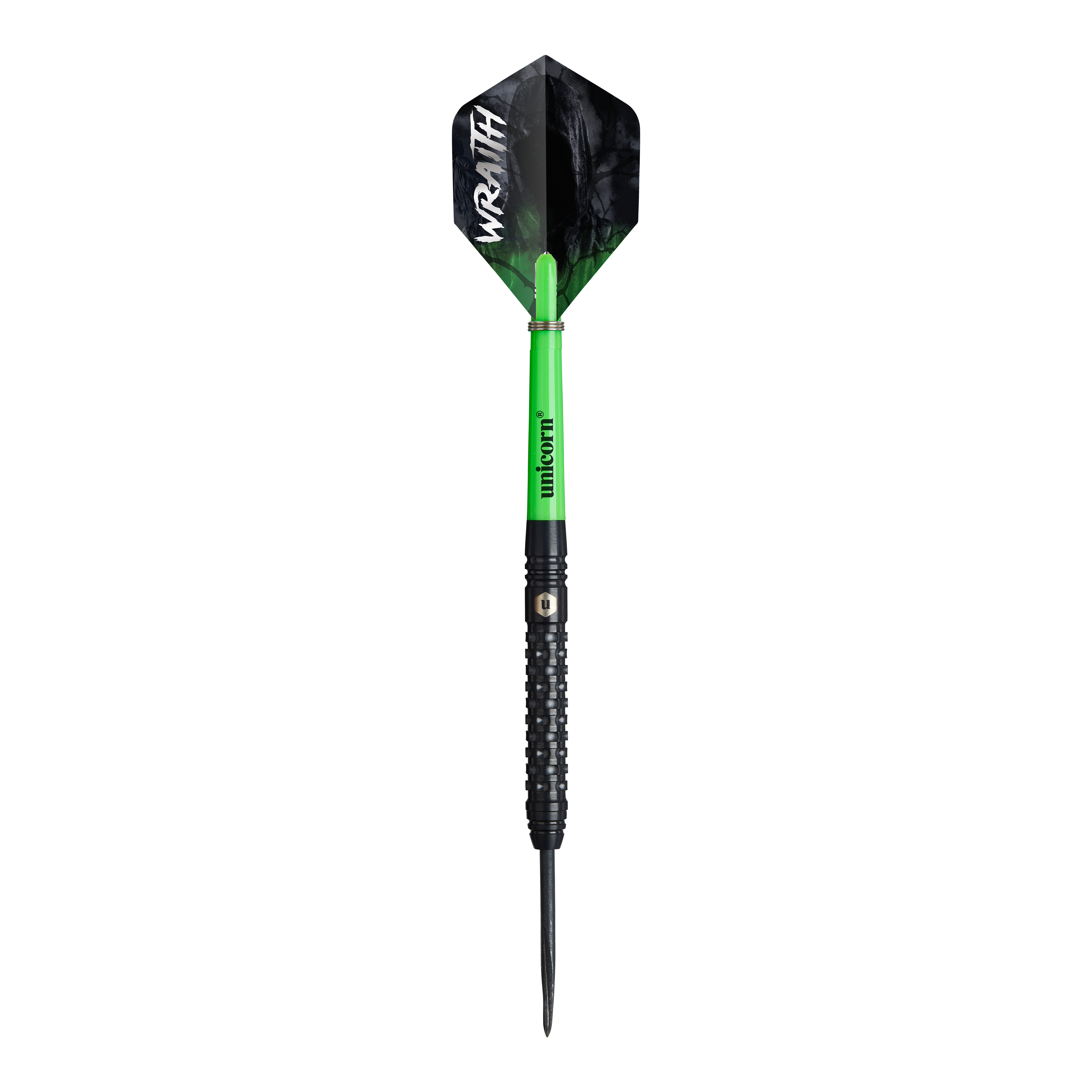 Ocelové šipky Unicorn Wraith Das Bild zeigt einen Steeldart namens "Unicorn Wraith". Der Dart hat einen grünen Schaft, einen schwarzen Griff und eine schwarze Flight mit der weißen Aufschrift „WRAITH“.
